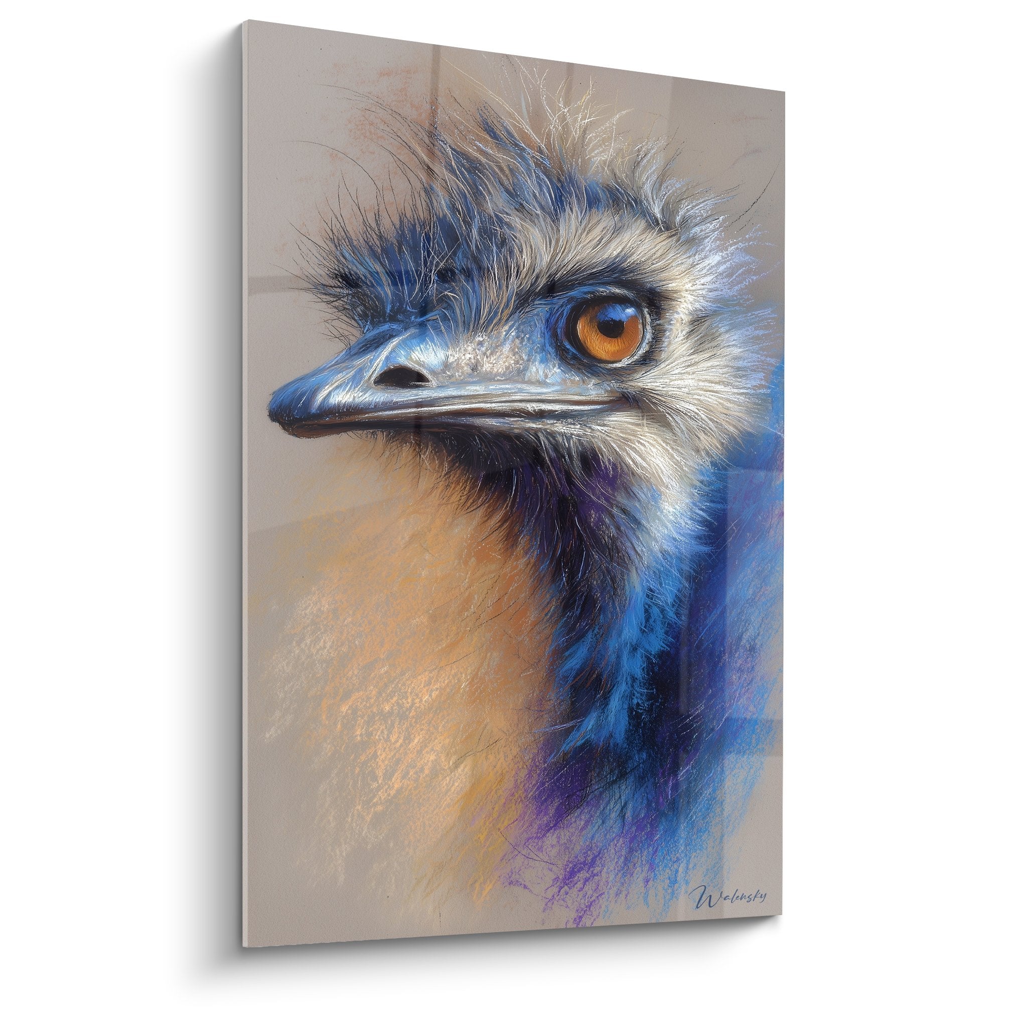 Tableau autruche plumes bleues cobalt regard ambre intense art animalier decoration murale