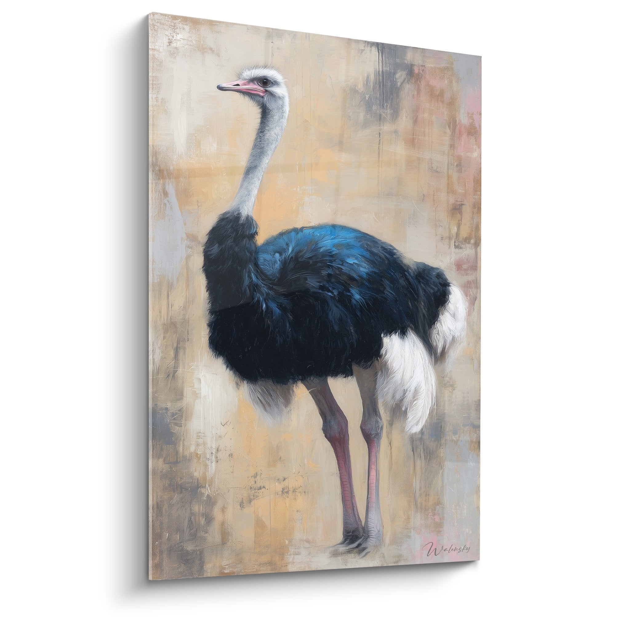 Tableau autruche plumes noir bleu pattes roses fond beige texturé art animalier contemporain décoration murale