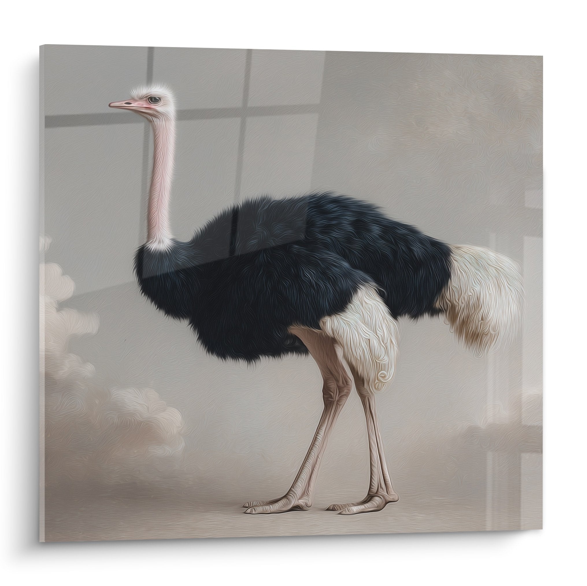 Portrait d'autruche élégante aux plumes noires et blanches sur fond beige, style réaliste contemporain