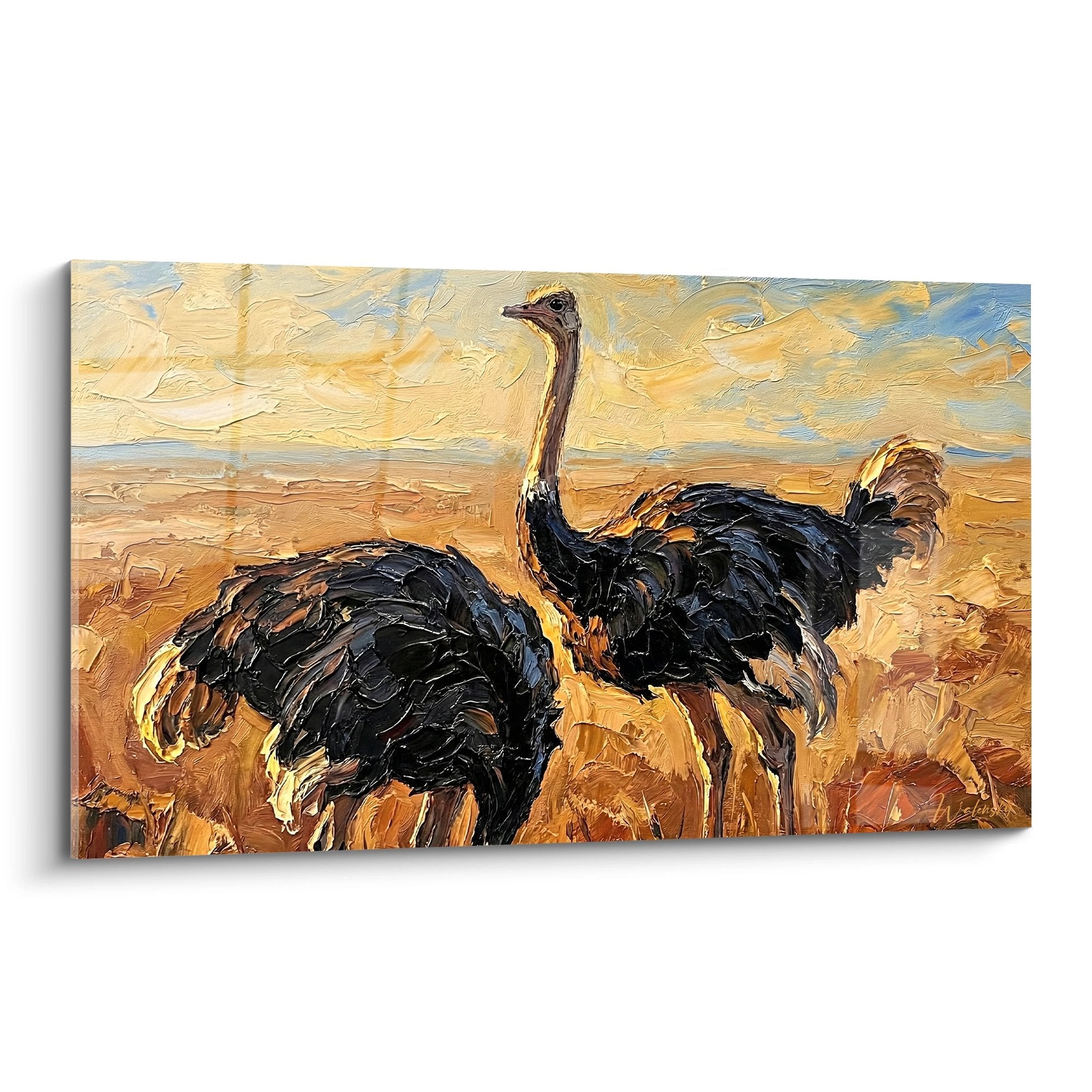 Expressionist painting of two ostriches with black feathers in an ochre-golden landscape with impasto style