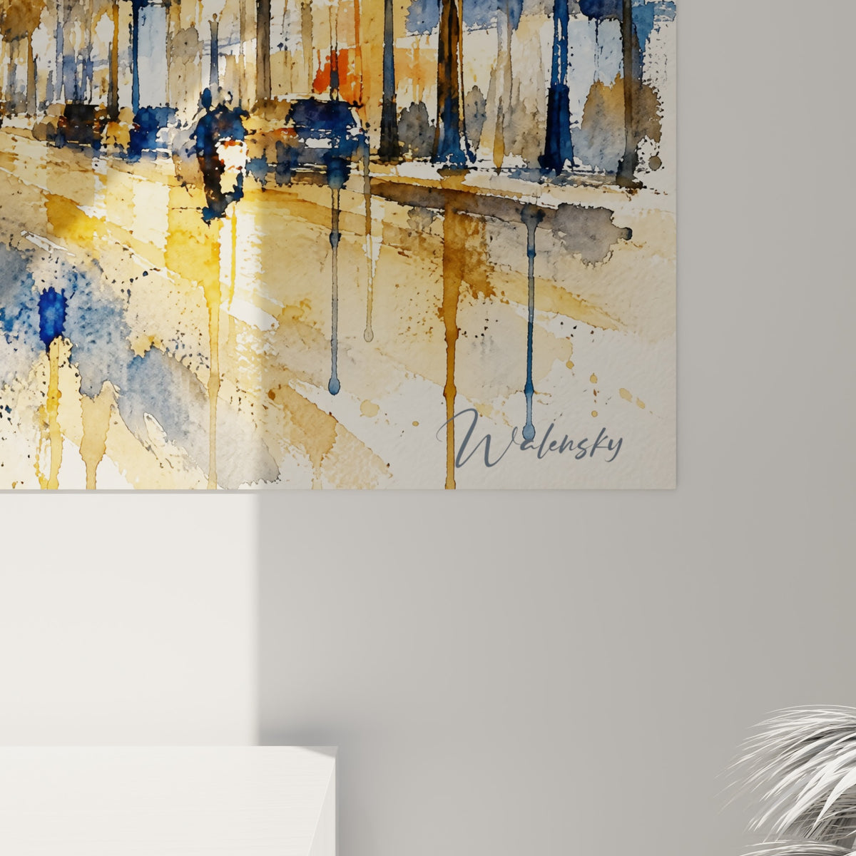 Détail des coulures bleu marine et touches dorées de l'aquarelle représentant l'avenue des Champs-Élysées