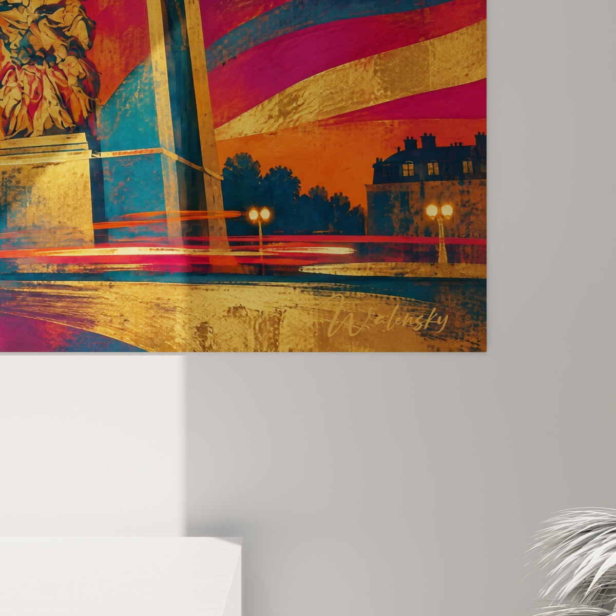 Quadro dell'Arco di Trionfo di notte, angolo in basso a destra: vetro lucido con riflessi, Dibond opaco, bordo di 3 mm, lampada da terra ambrata