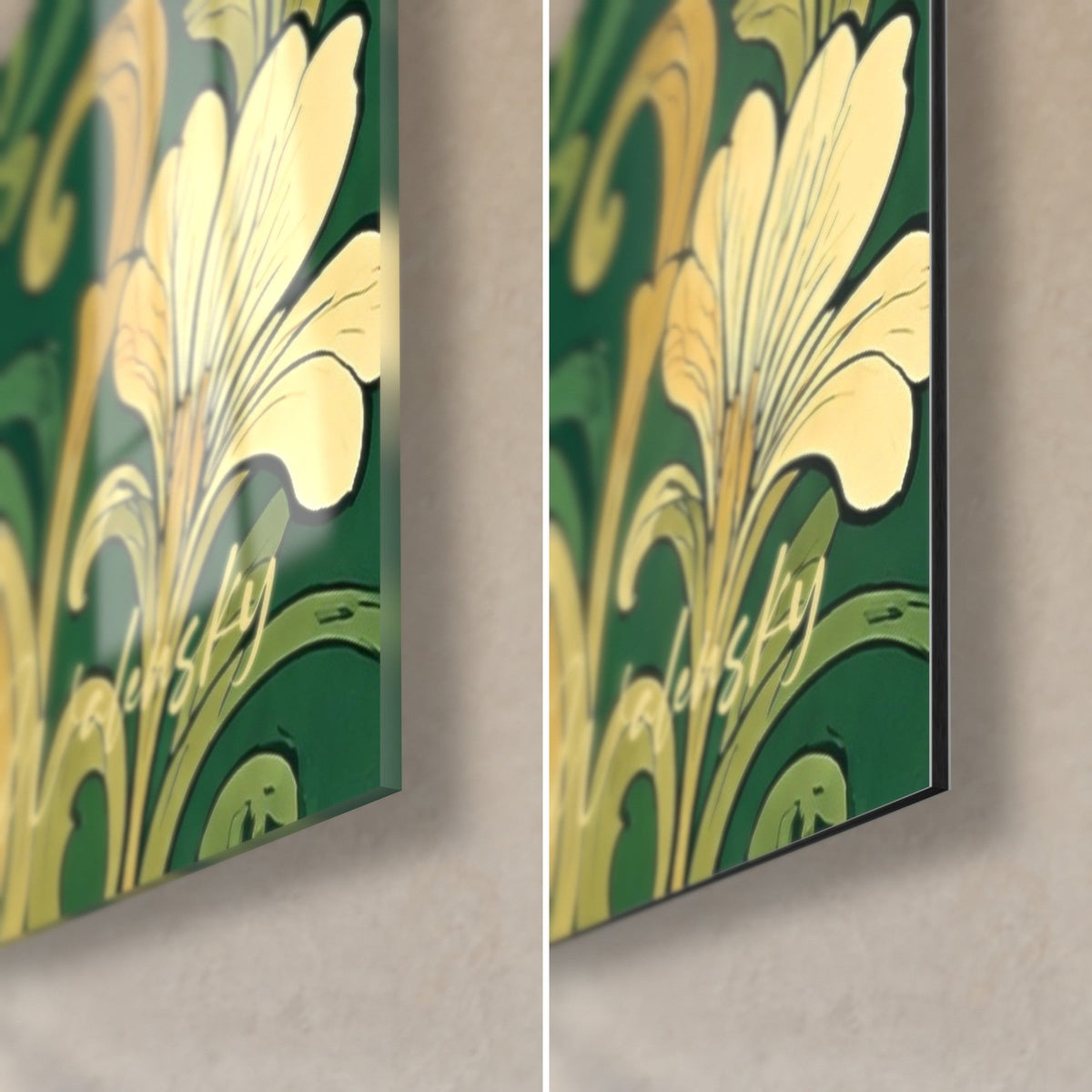 Tableau pont médiéval en eau verte, coin bas droit : tranche de 3 mm, fleurs crème et or, verre brillant reflétant, Dibond mat