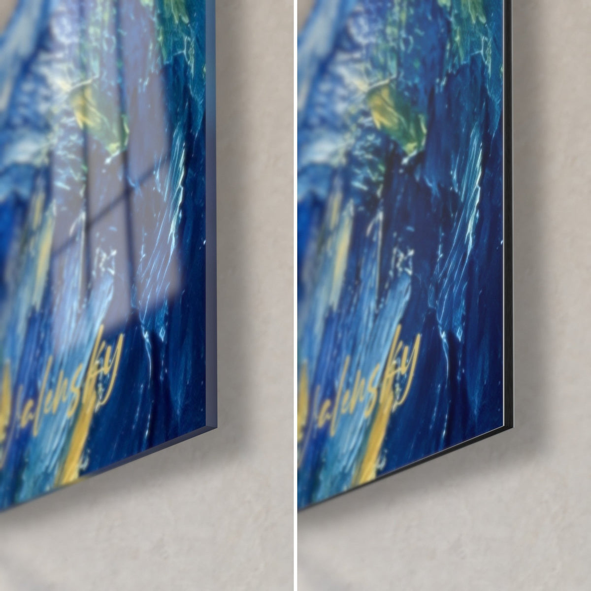 Wall art medieval bridge with cobalt blue and gold palette-knife strokes, bottom right corner: glossy glass on the left, matte Dibond on the right