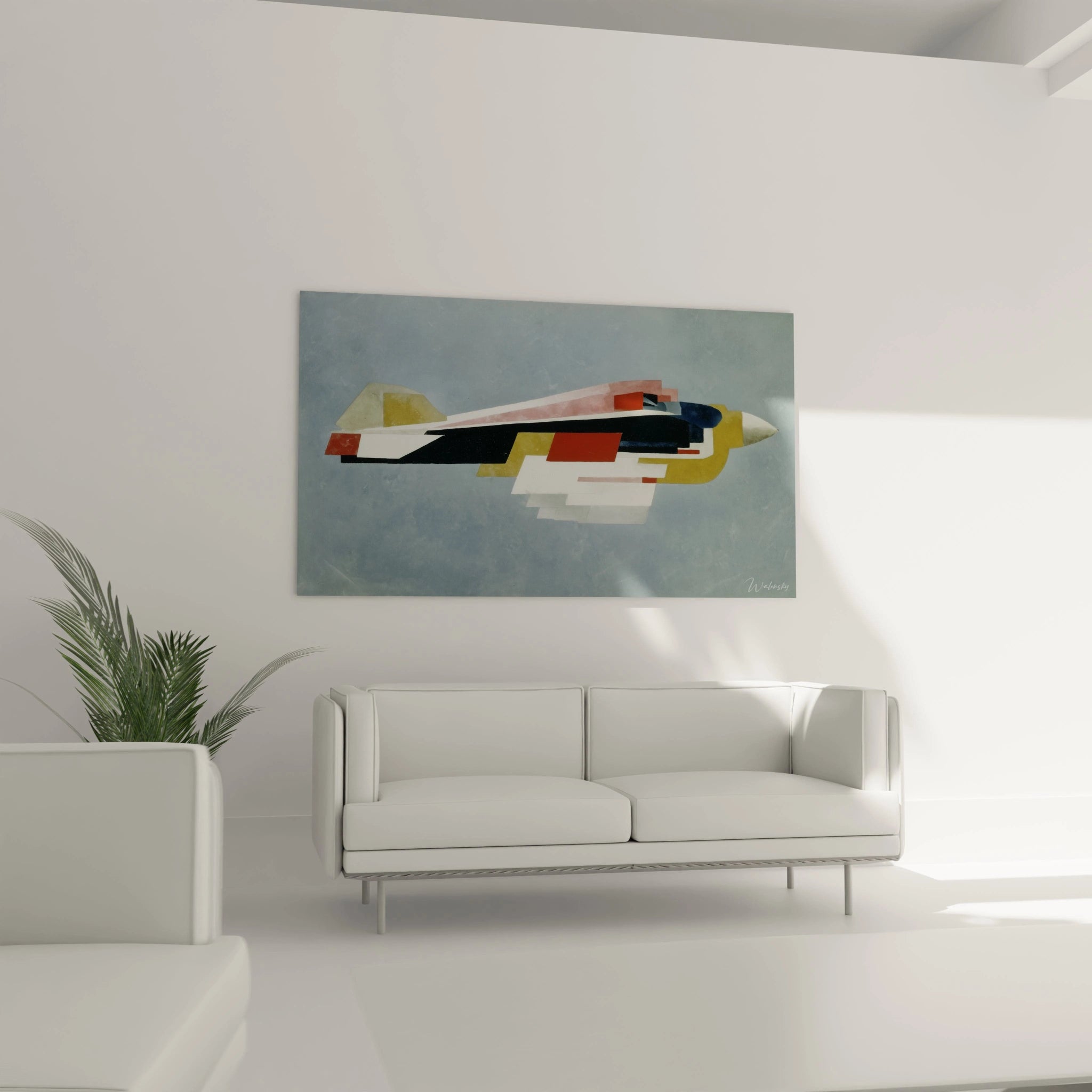 Tableau mural Walensky tableau avion constructivisme montrant un avion géométrique coloré au dessus du canapé blanc