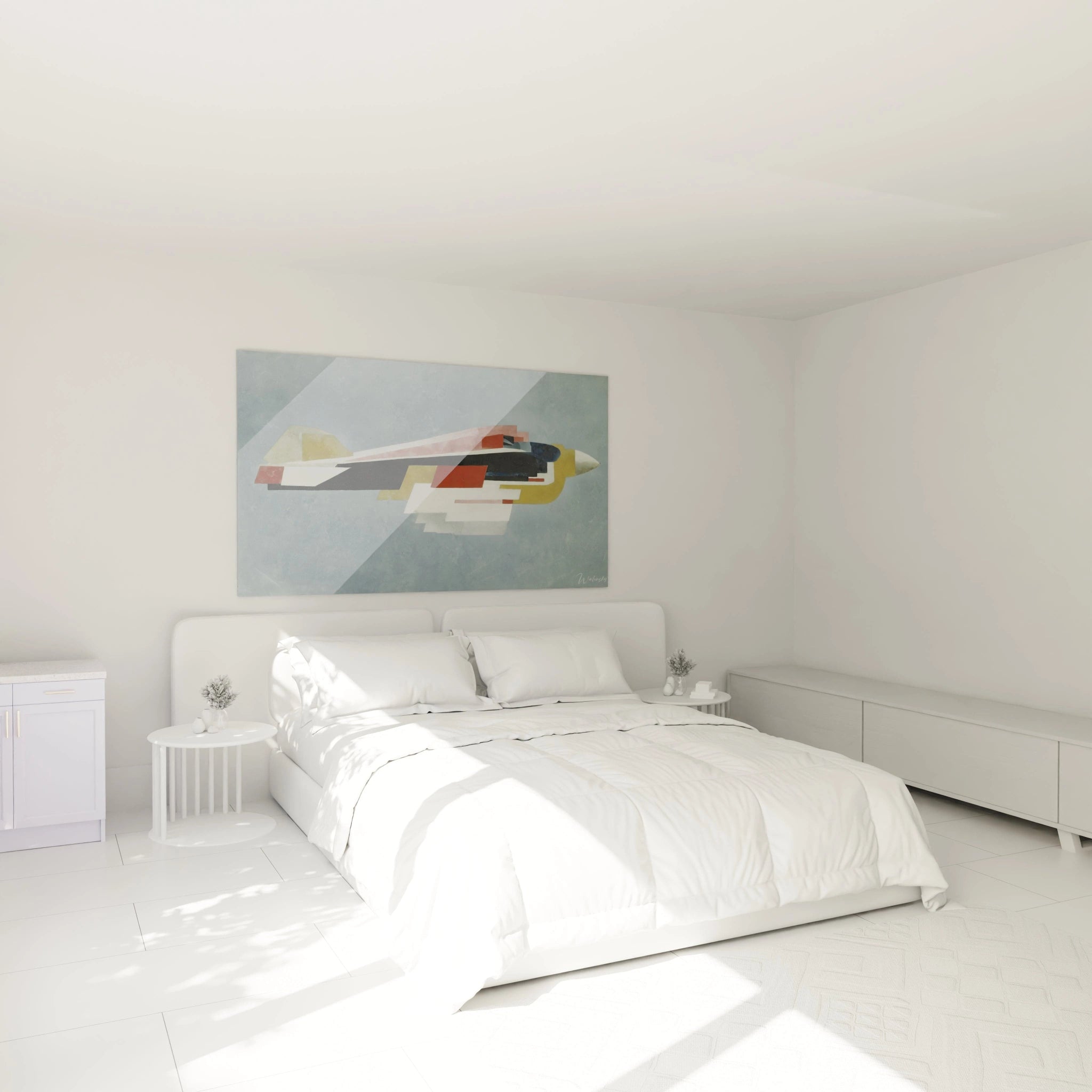 Chambre blanche minimaliste avec lit double et tableau mural montrant un avion géométrique tableau avion constructivisme