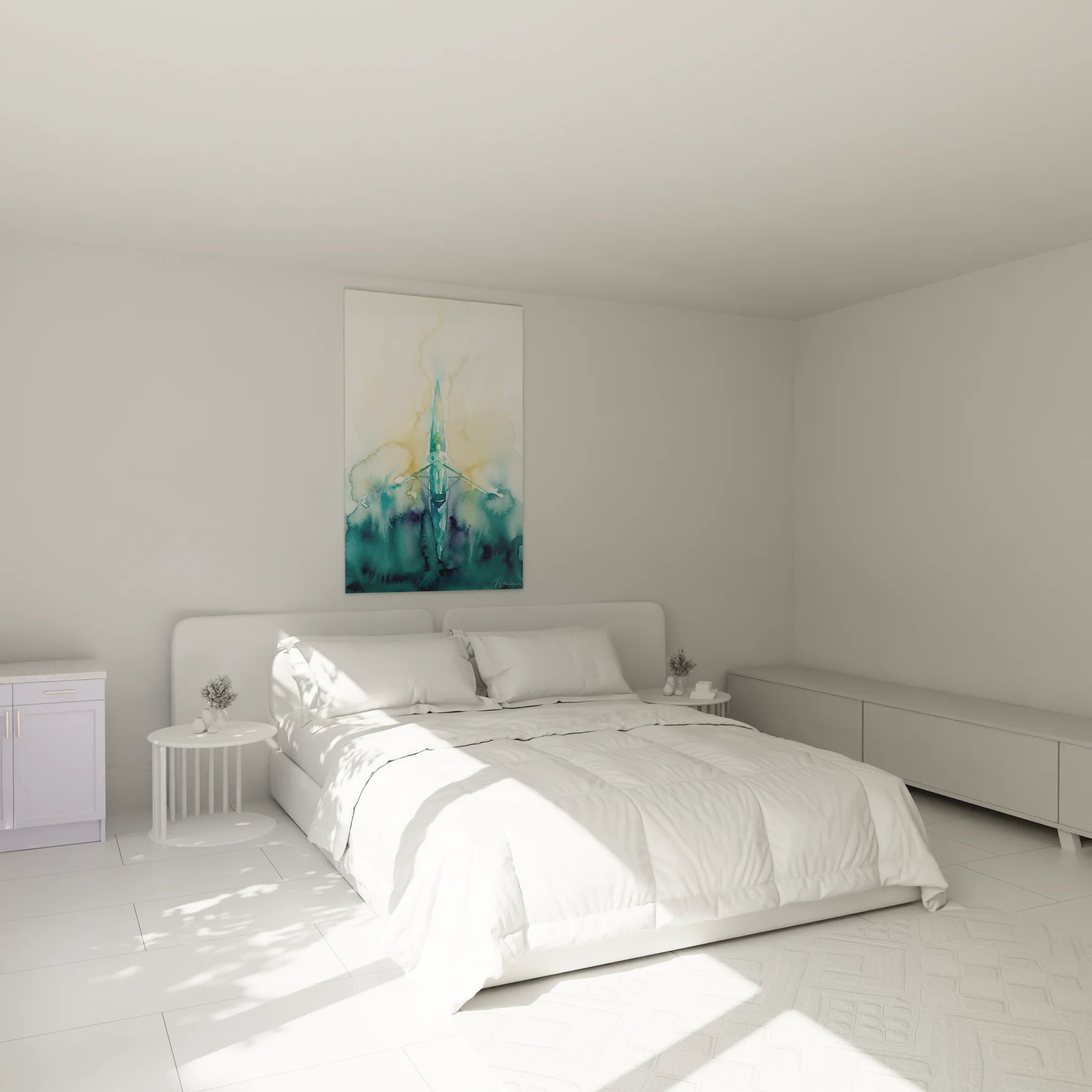 Ambiance chambre avec tableau aviron aquarelle, décoration murale sport nautique élégante