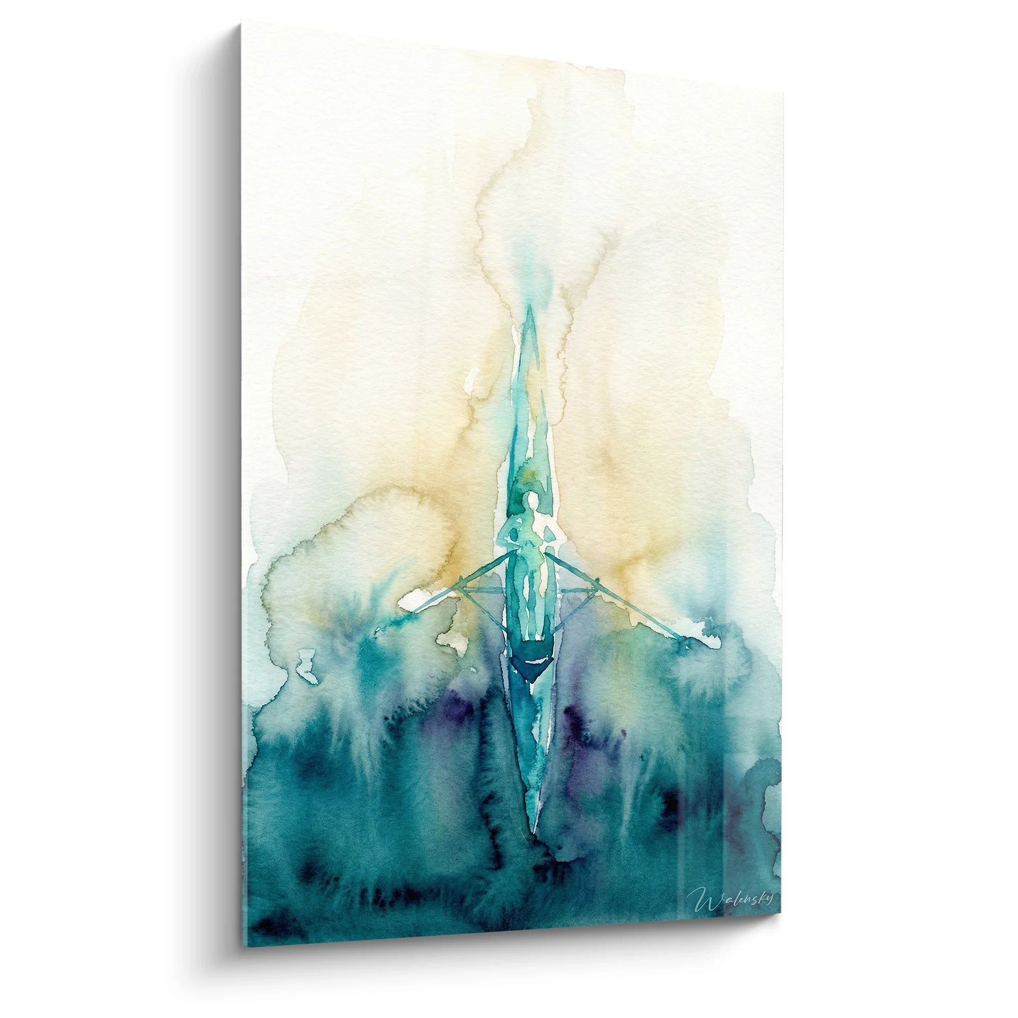 Tableau aviron aquarelle représentant un rameur en action sur l'eau, art mural sport nautique moderne