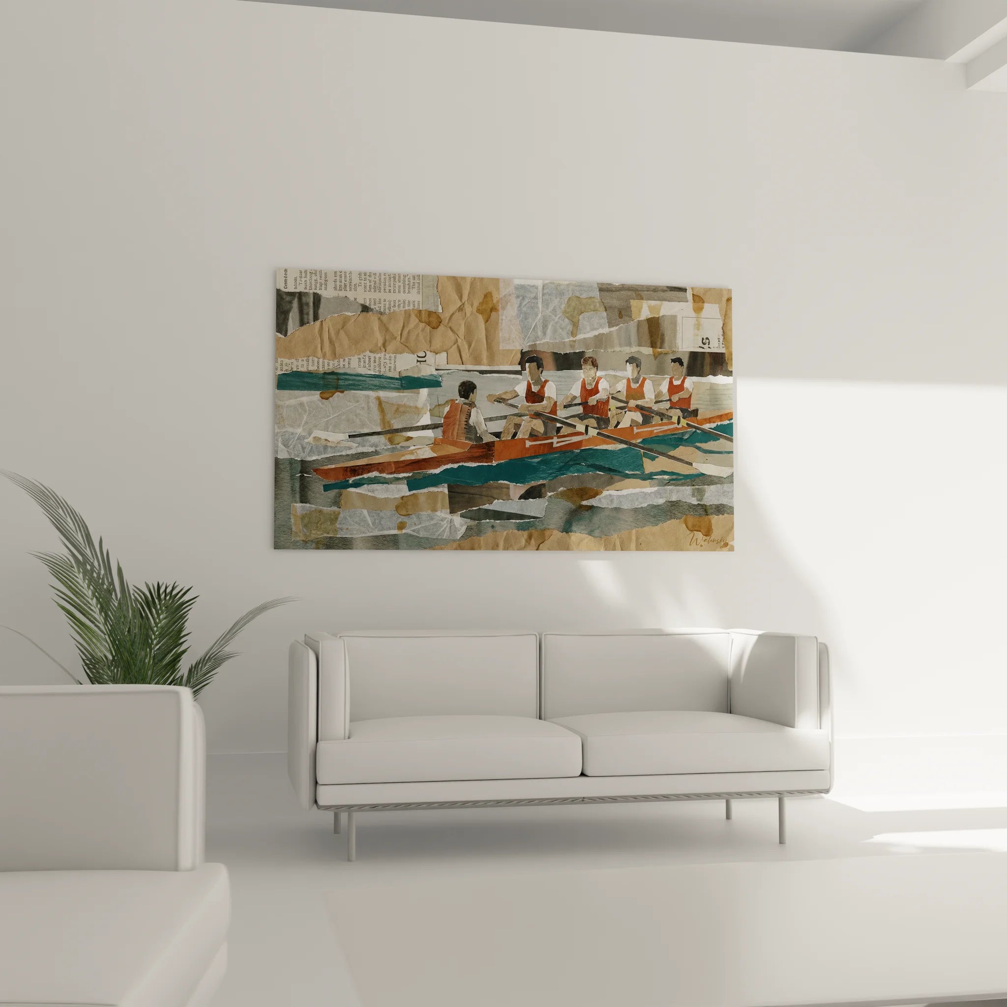 Gros plan tableau aviron technique collage, détails rameurs maillots rouge et blanc