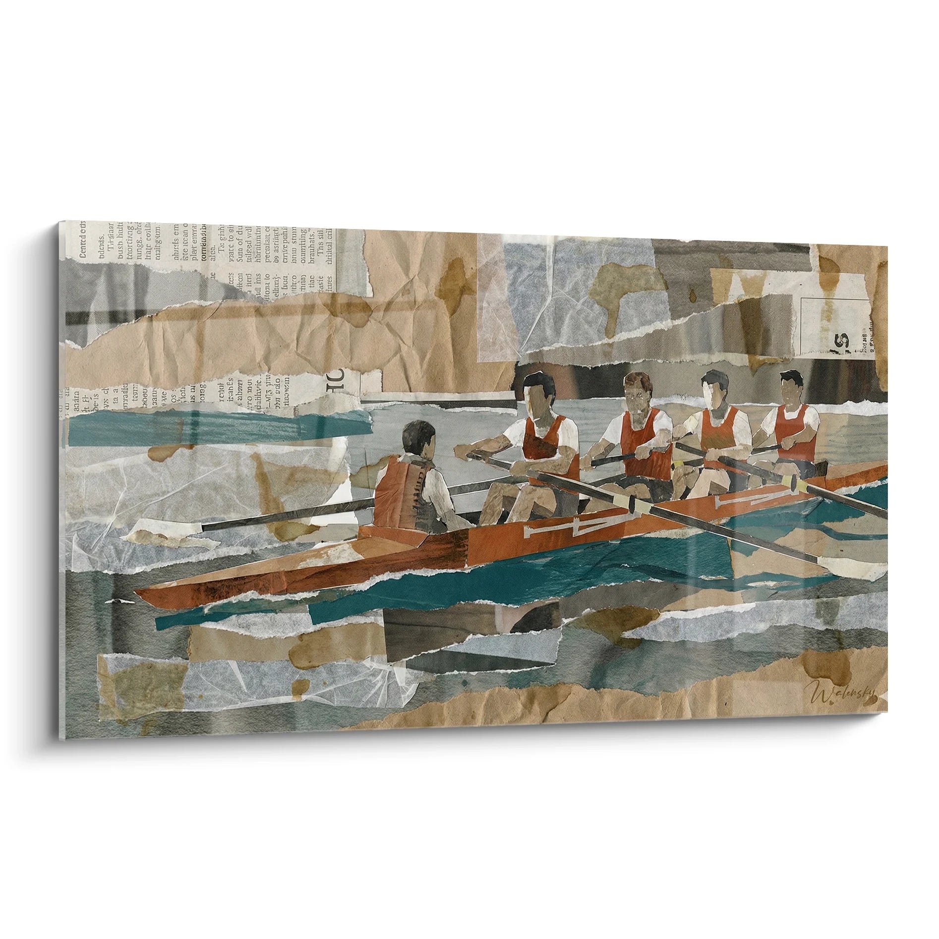 Tableau aviron collage vintage représentant équipe de rameurs sur embarcation, art nautique moderne
