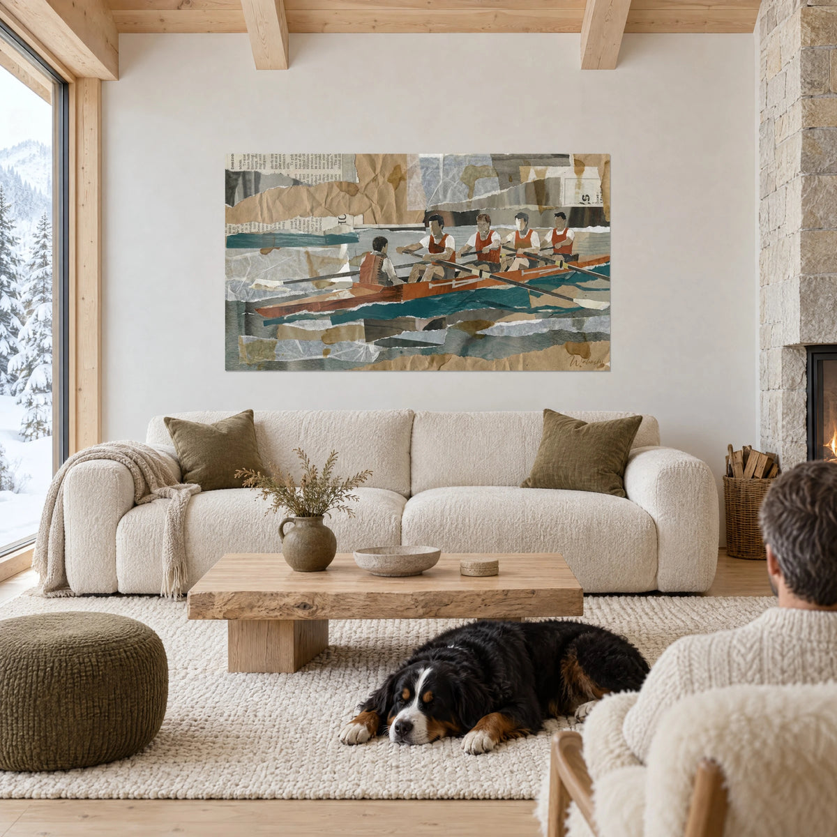 Cuadro equipo de remo en collage, remeros con chalecos rojo ladrillo sobre agua azul pato, papel kraft, encima de un sofá en un salón luminoso