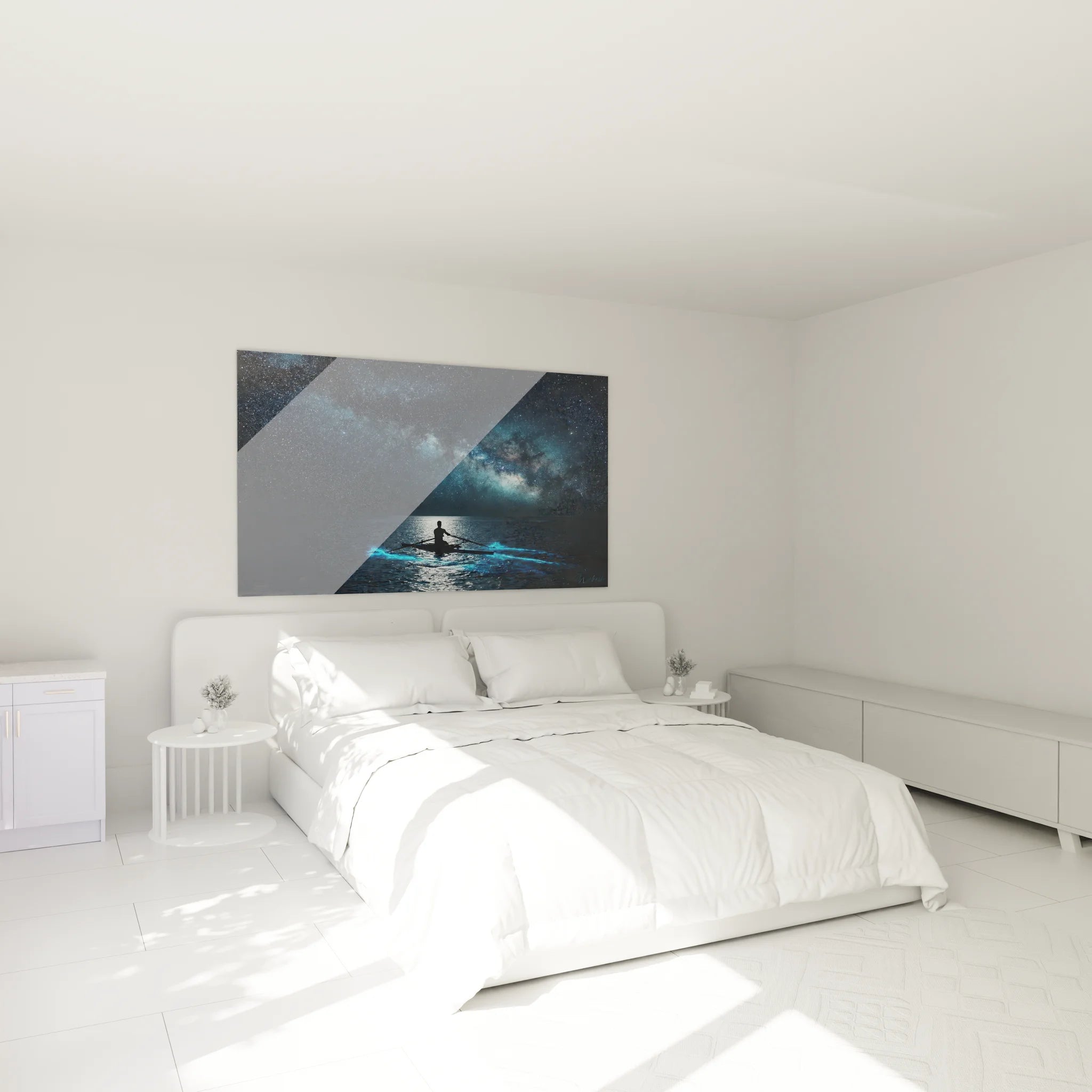 Tableau mural aviron nocturne décorant une chambre moderne avec ambiance cosmique