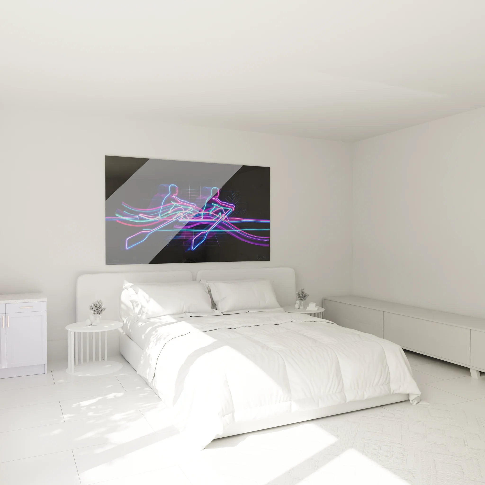 Tableau aviron néon décorant une chambre moderne avec éclairage d'ambiance contemporain