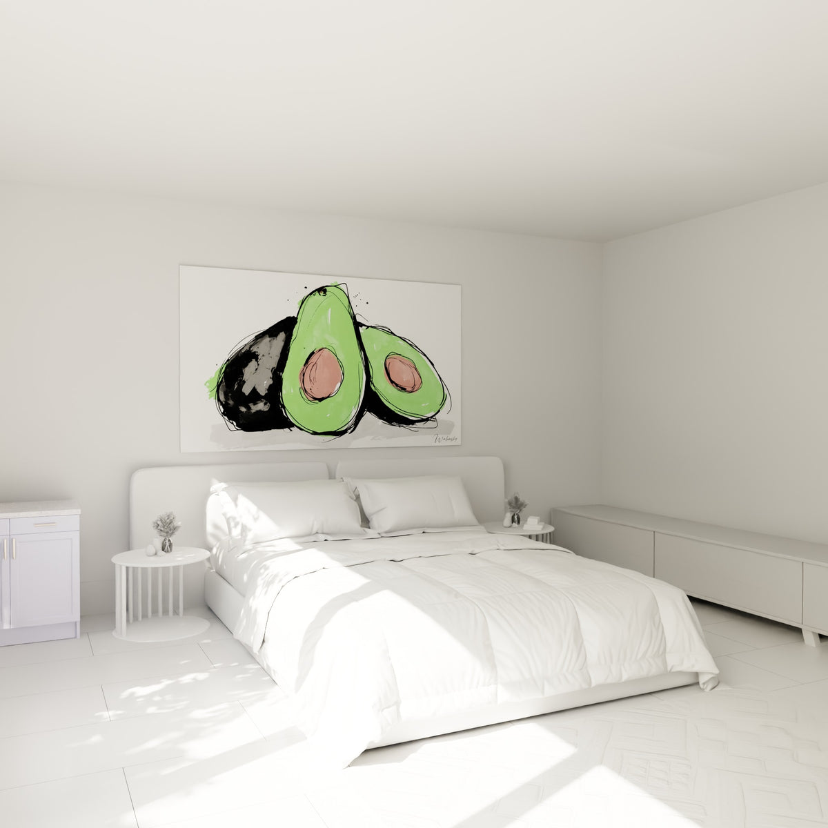 Fruit tranché vert et anthracite illustré au trait noir, au-dessus d'un lit dans une chambre claire