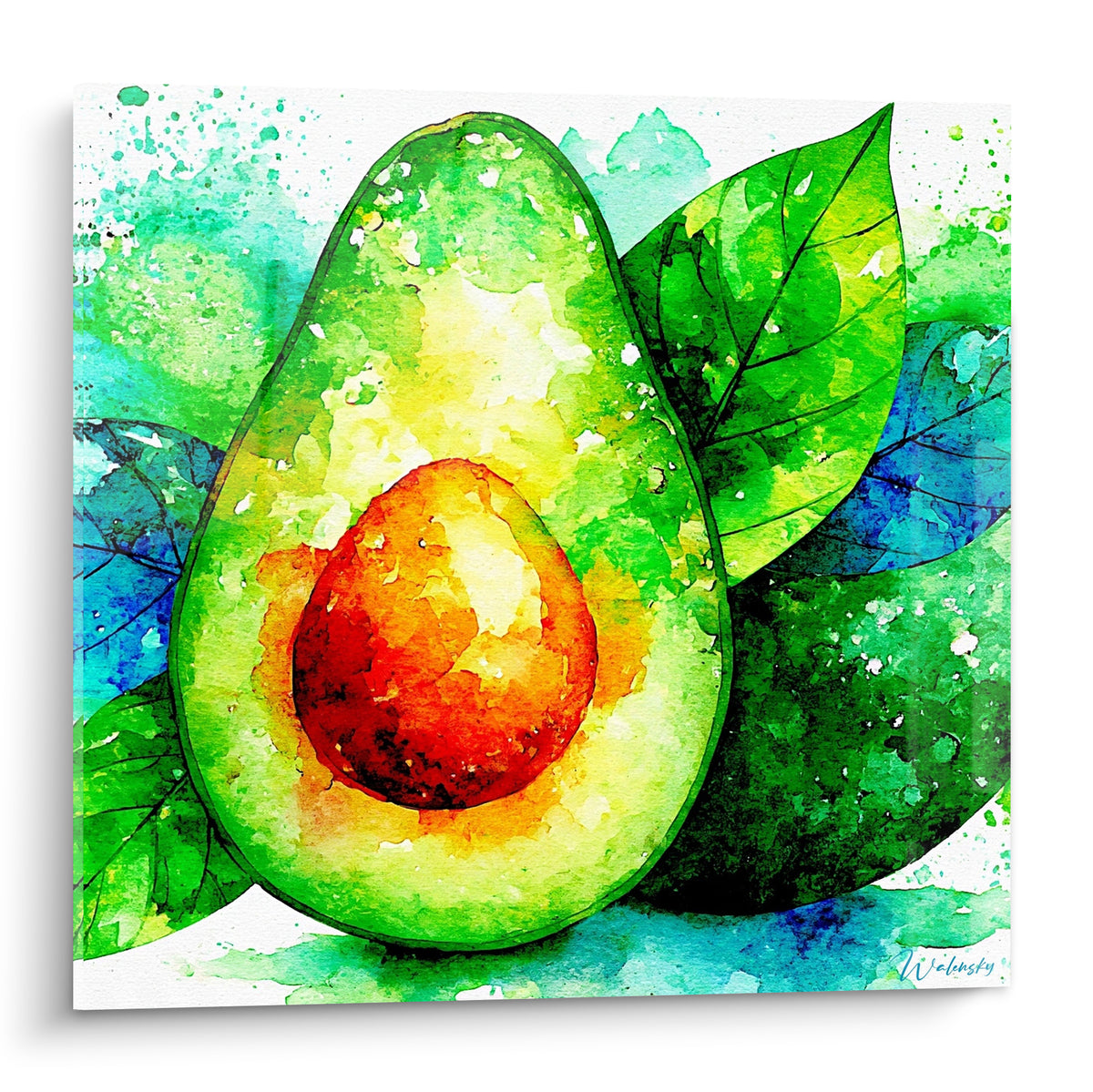 Avocat coupé en aquarelle, chair vert tendre et noyau orangé, feuilles vertes en fond