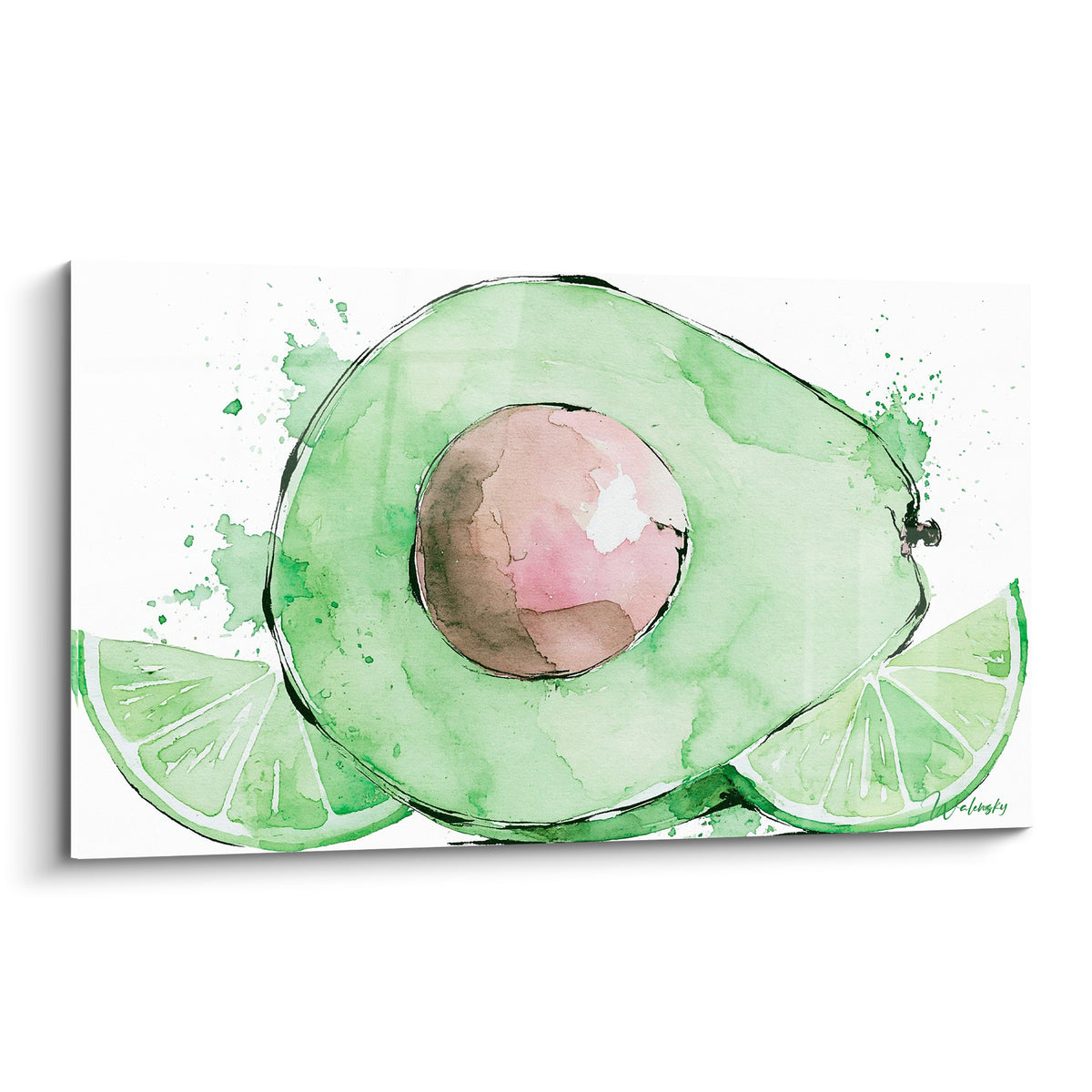 Avocat coupé en deux, vert tendre et noyau rose, entouré de citrons verts en aquarelle