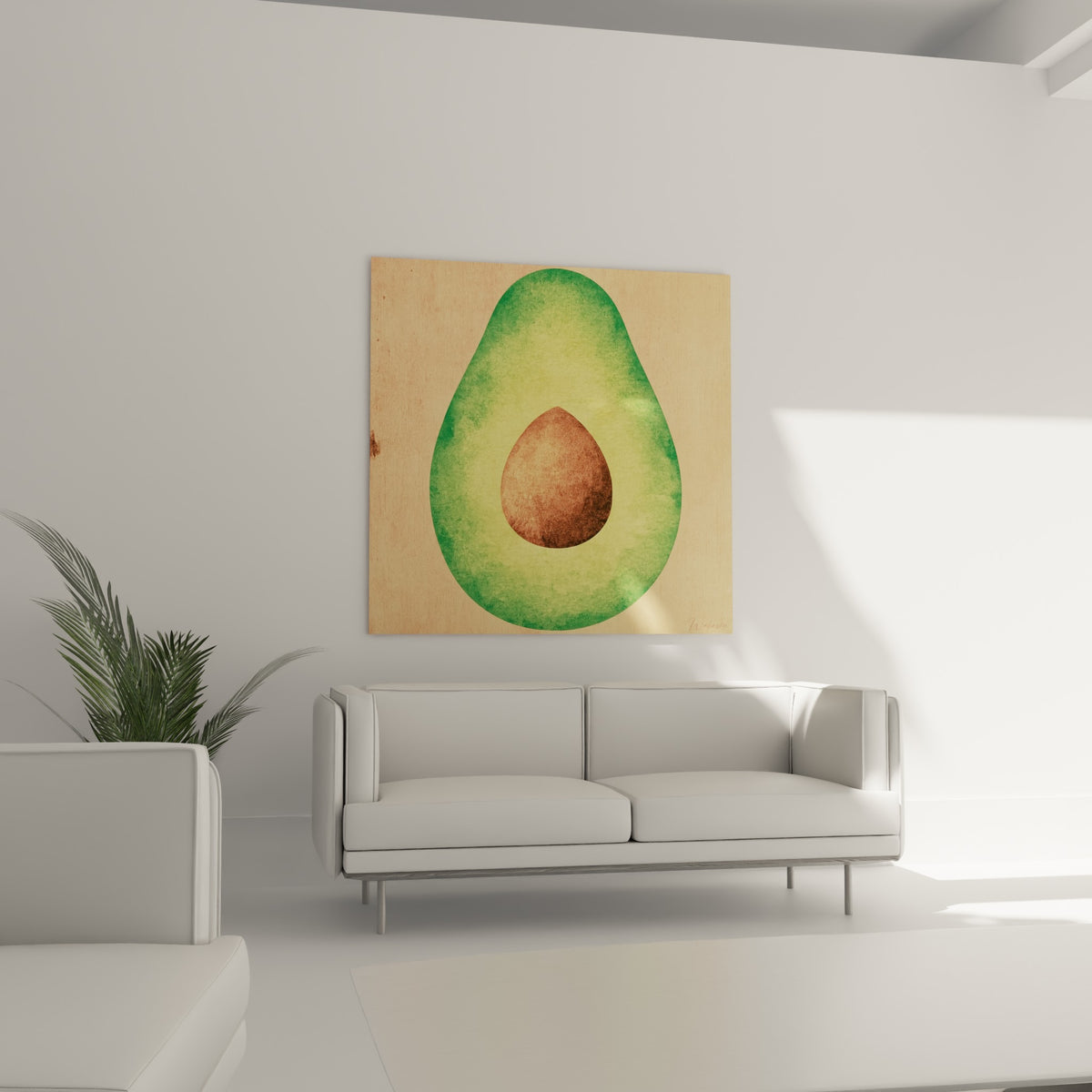 Avocat aquarelle vert tendre et noyau brun terracotta au-dessus d'un canapé dans un salon lumineux
