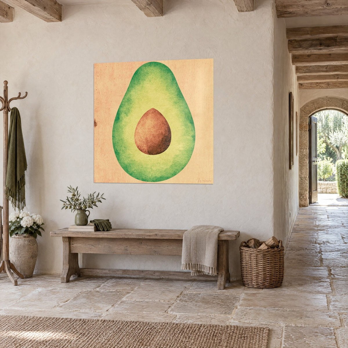 Tableau fruit coupé en deux, chair vert pistache et noyau cuivré sur fond abricot, mur de pierre d'un couloir voûté