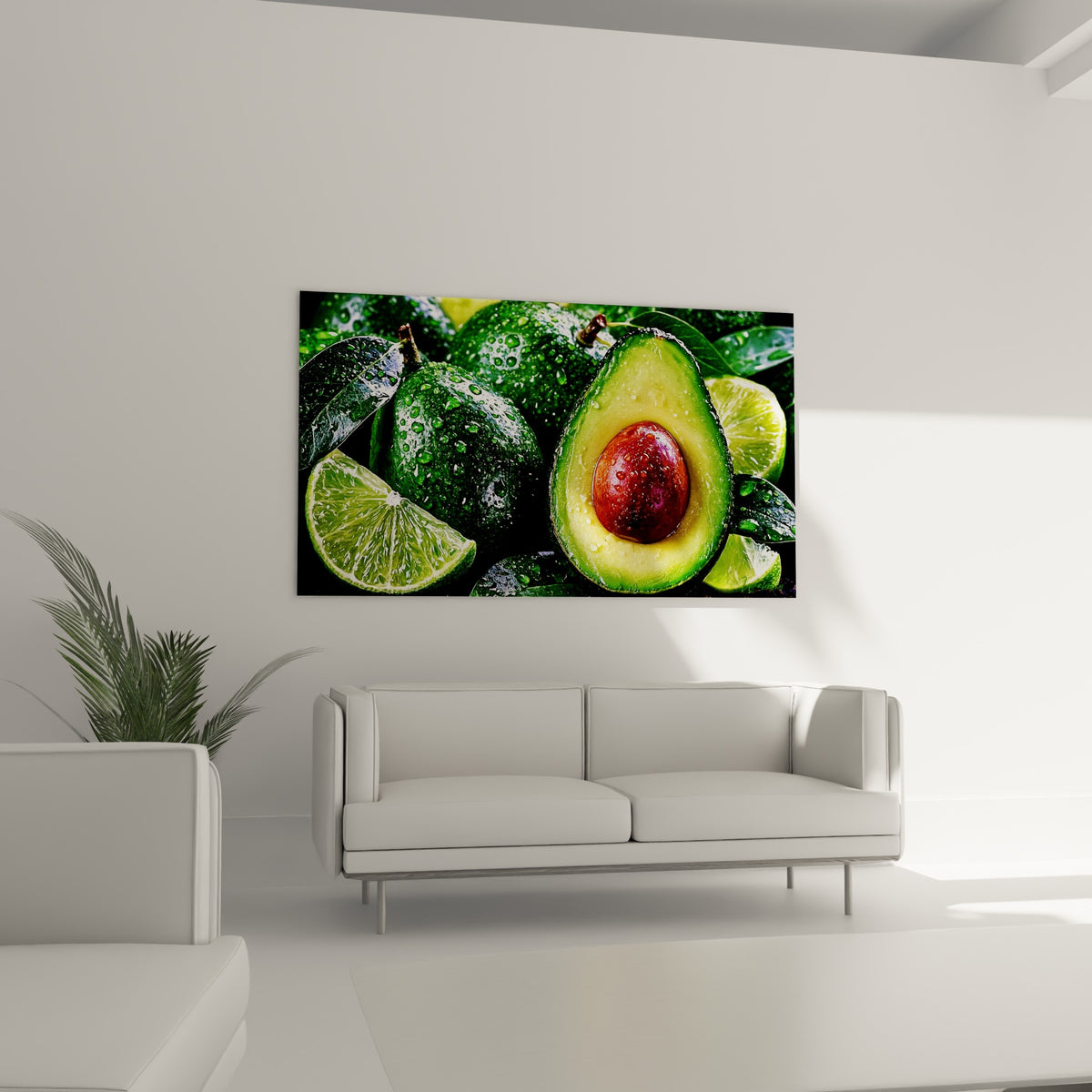 Composition gourmande d'avocat vert et de quartiers de citron vert luisants, au-dessus d'un canapé dans un salon lumineux