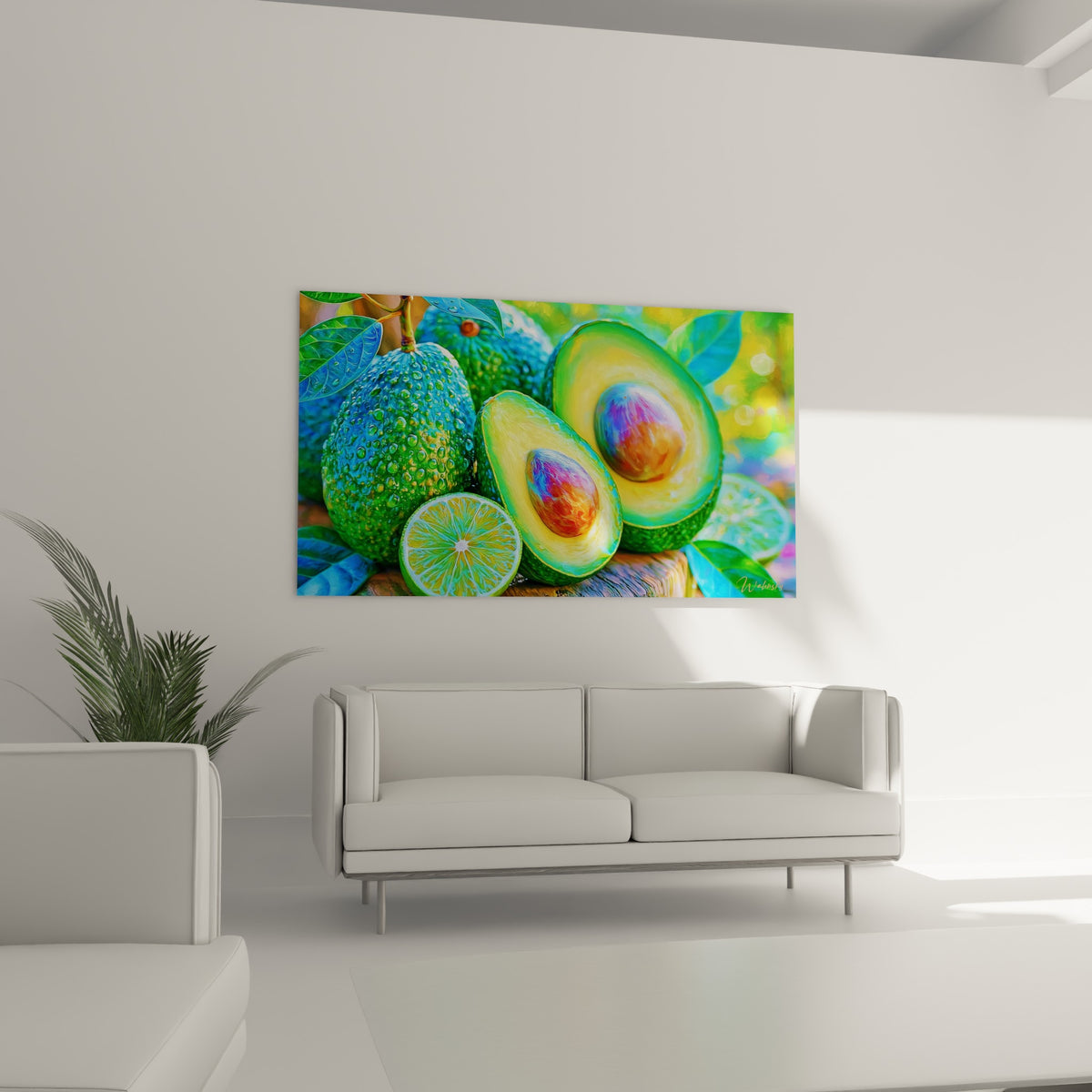 Nature morte d'avocats verts et jaunes tranchés au-dessus d'un canapé dans un salon lumineux