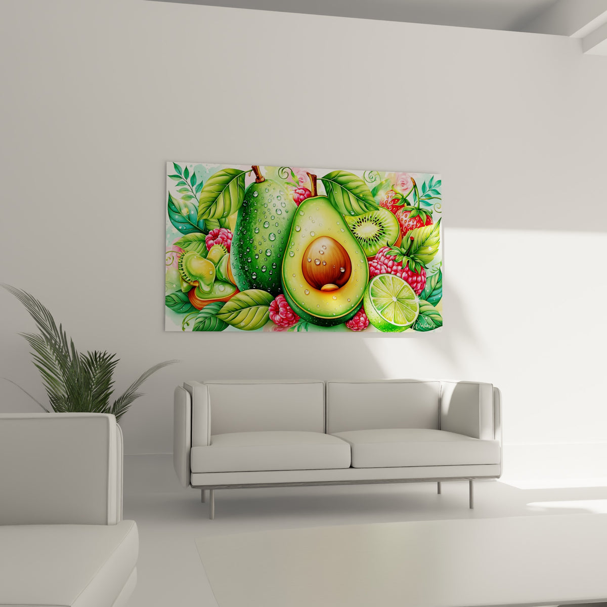 Composition d'avocat vert et rose vif, fruits frais au-dessus d'un canapé dans un salon lumineux