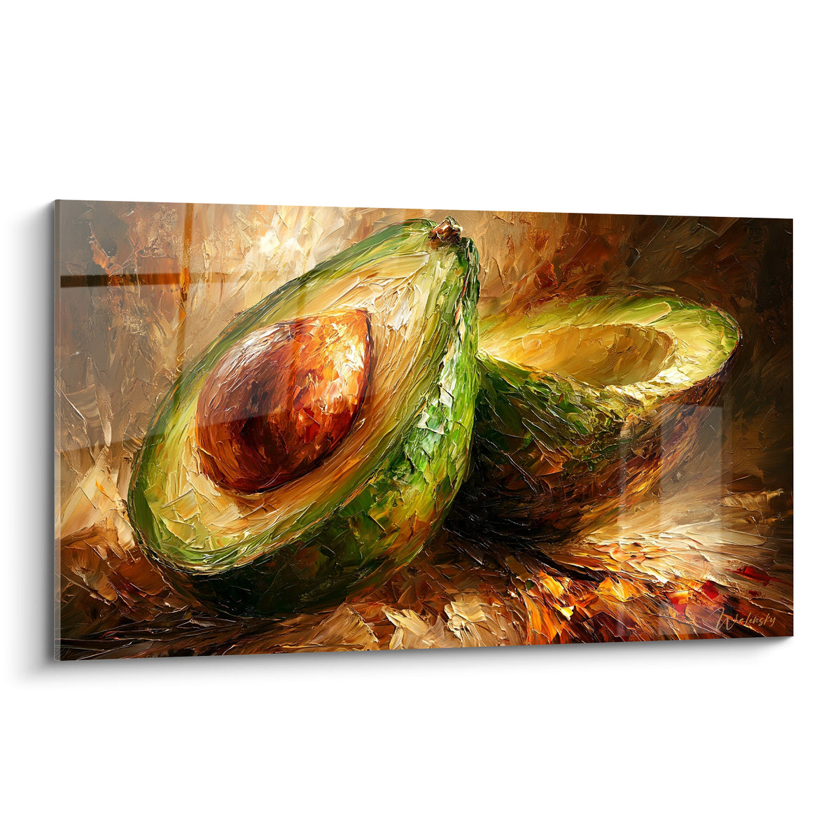 Avocat coupé en deux, noyau brun cuivré et chair jaune pâle, peinture à empâtements verts
