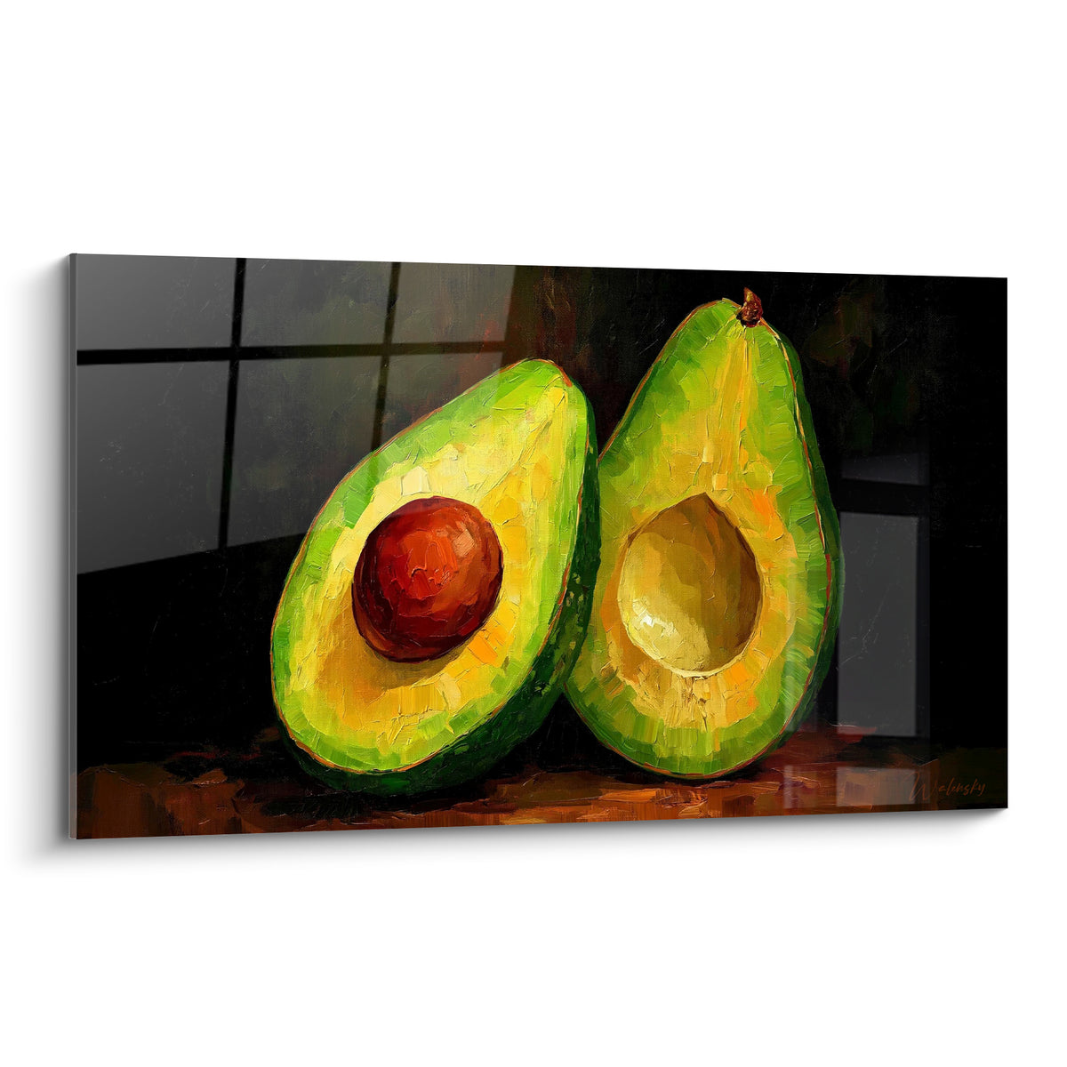 Avocat coupé en deux tableau vert et brun, noyau rouge, peinture au couteau texturée