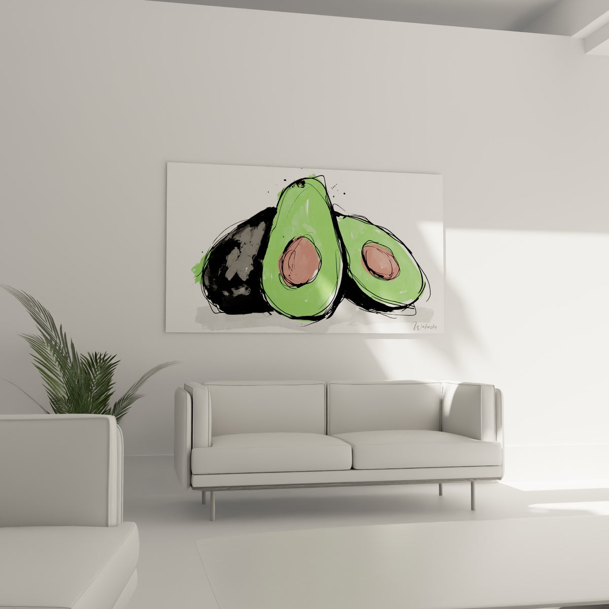 Moitiés d'avocat vert et rose terracotta croquées au trait, au-dessus d'un canapé dans un salon lumineux