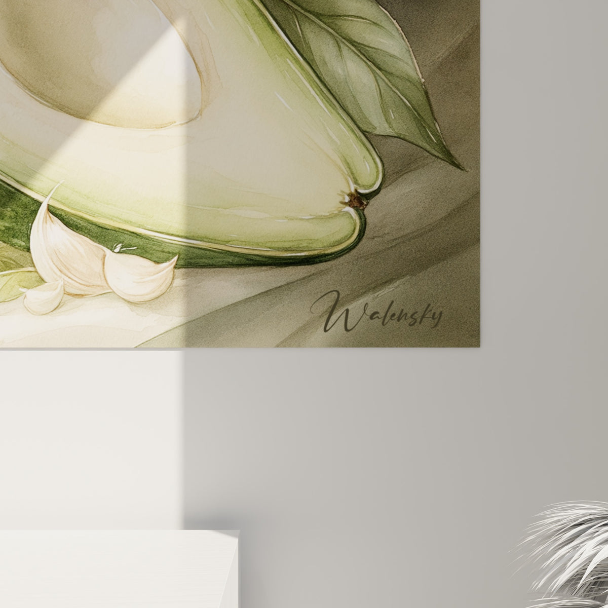 Détail de la texture peinte du noyau brun et de la chair crème de l'avocat, empâtements visibles à cadre rapproché