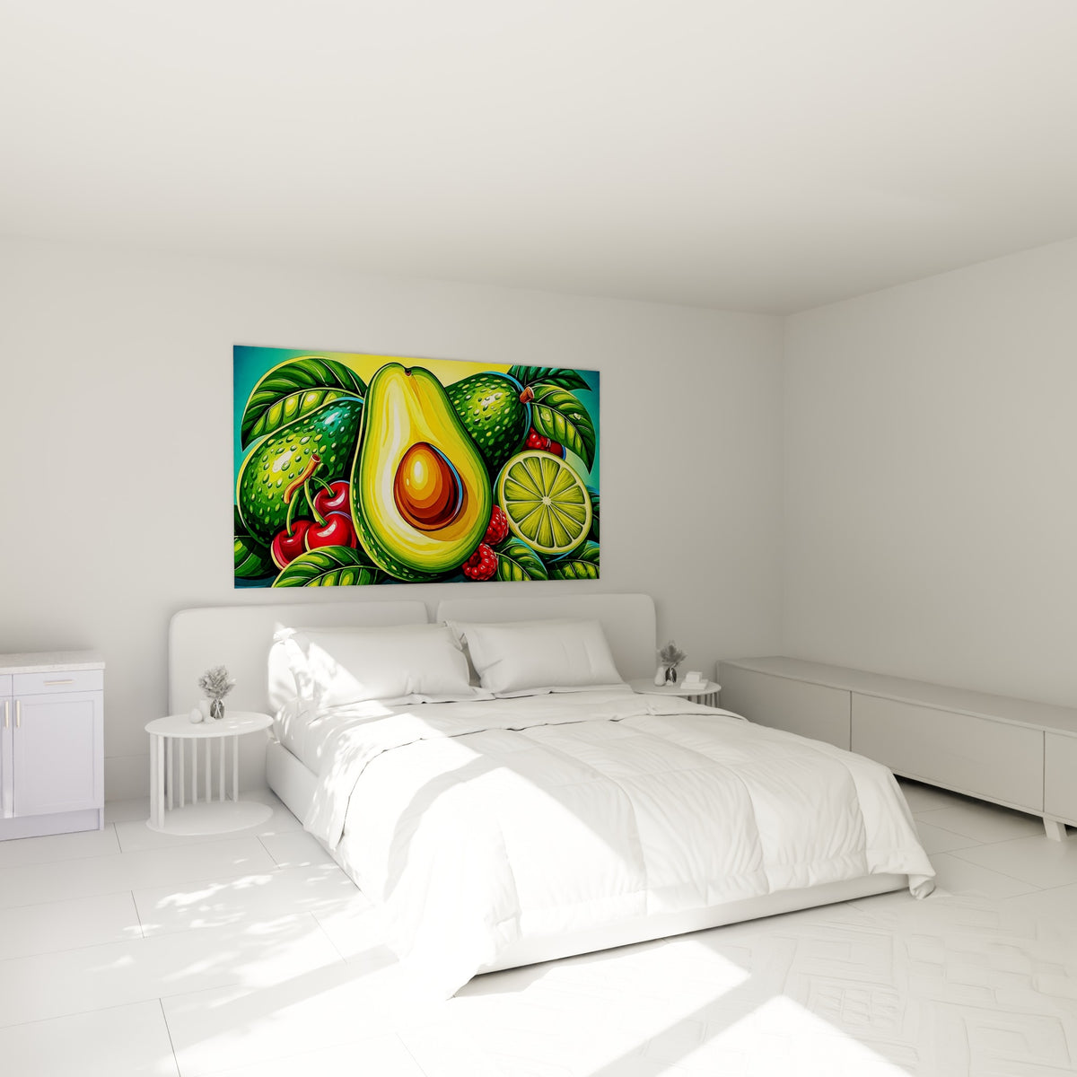 Avocat doré et vert accompagné de cerises rouges, au-dessus d'un lit dans une chambre claire