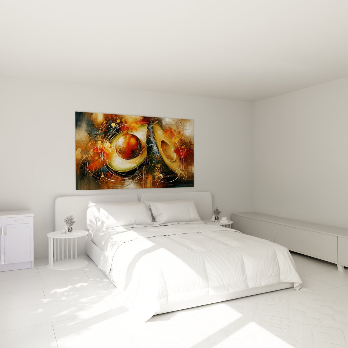 Avocat abstrait ocre et vert olive accroché au-dessus d'un lit dans une chambre claire