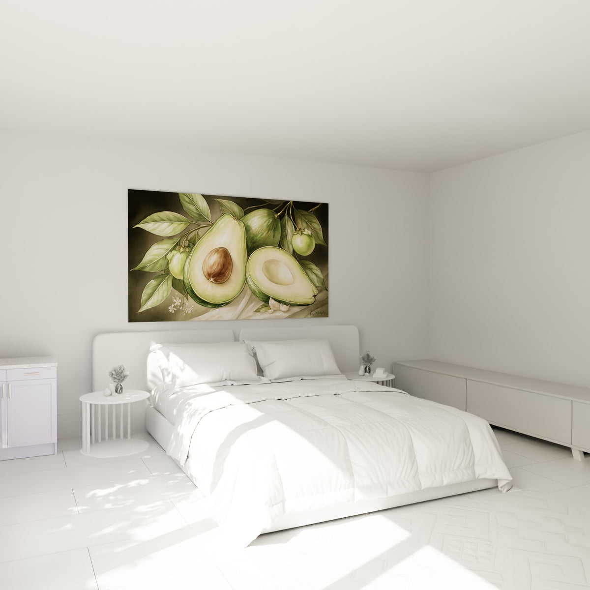 Fruit vert et noyau brun peints avec finesse, accroché au-dessus d'un lit dans une chambre claire