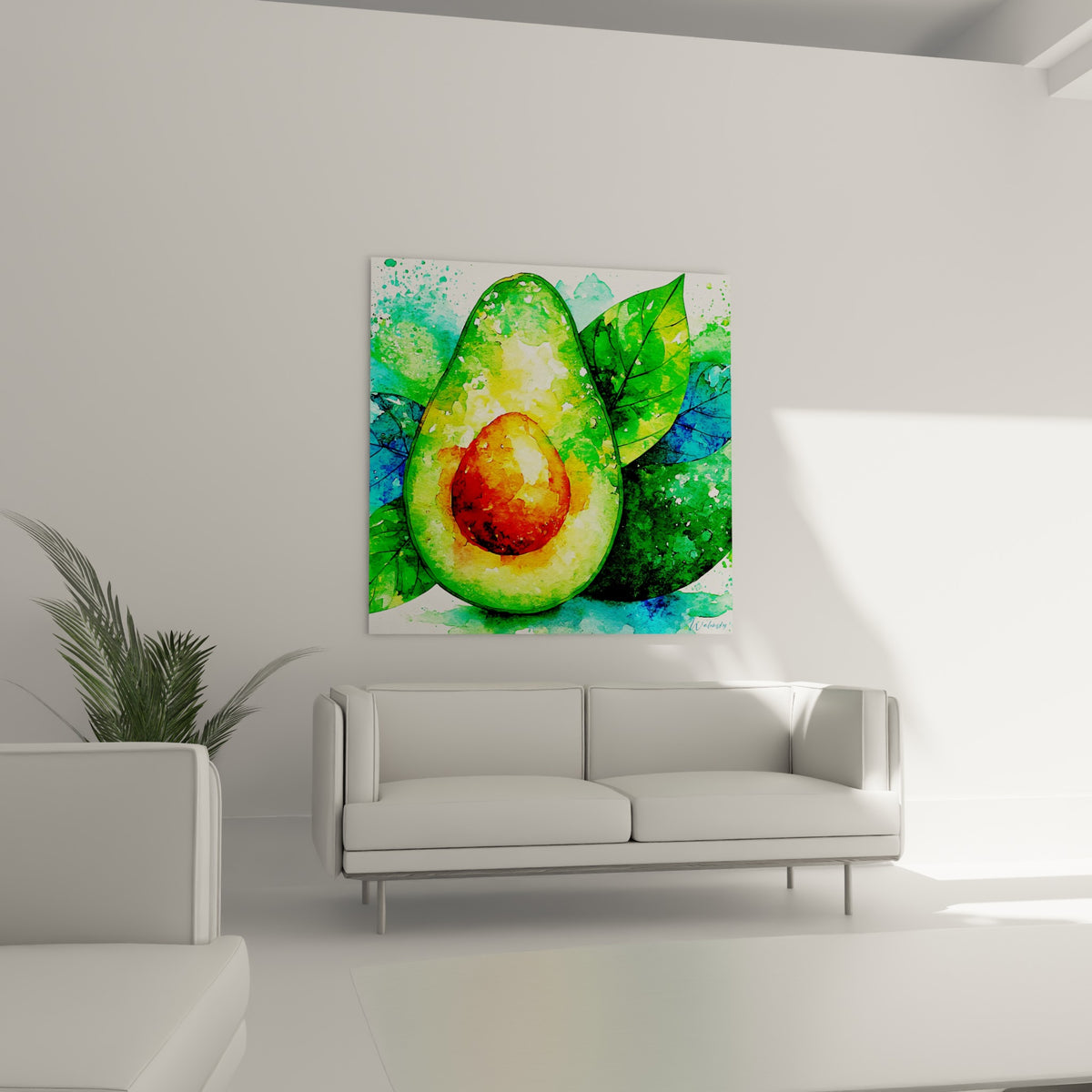 Illustration d'avocat en aquarelle turquoise et vert, suspendue au-dessus d'un canapé dans un salon lumineux