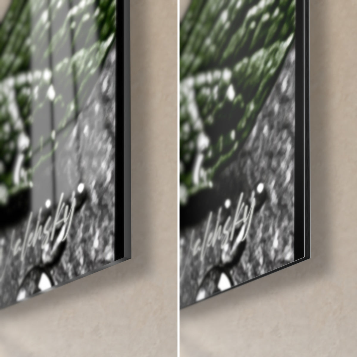 Tableau avocat, chair vert clair sur fond noir, coin bas droit en verre brillant et en Dibond mat, tranche de 3 mm visible