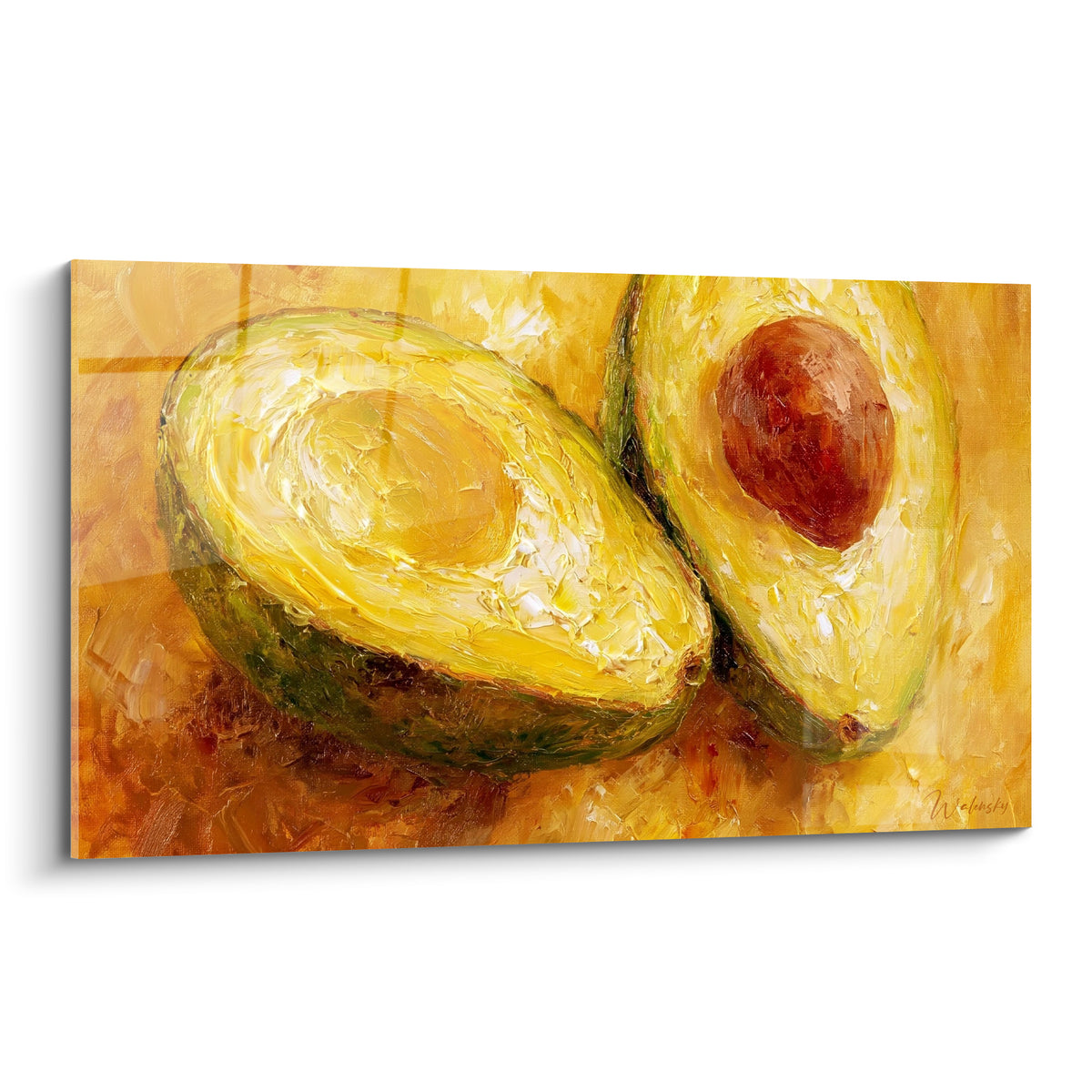 Avocat coupé en deux, chair jaune pâle et peau vert olive, noyau brun rougeâtre, peinture au couteau