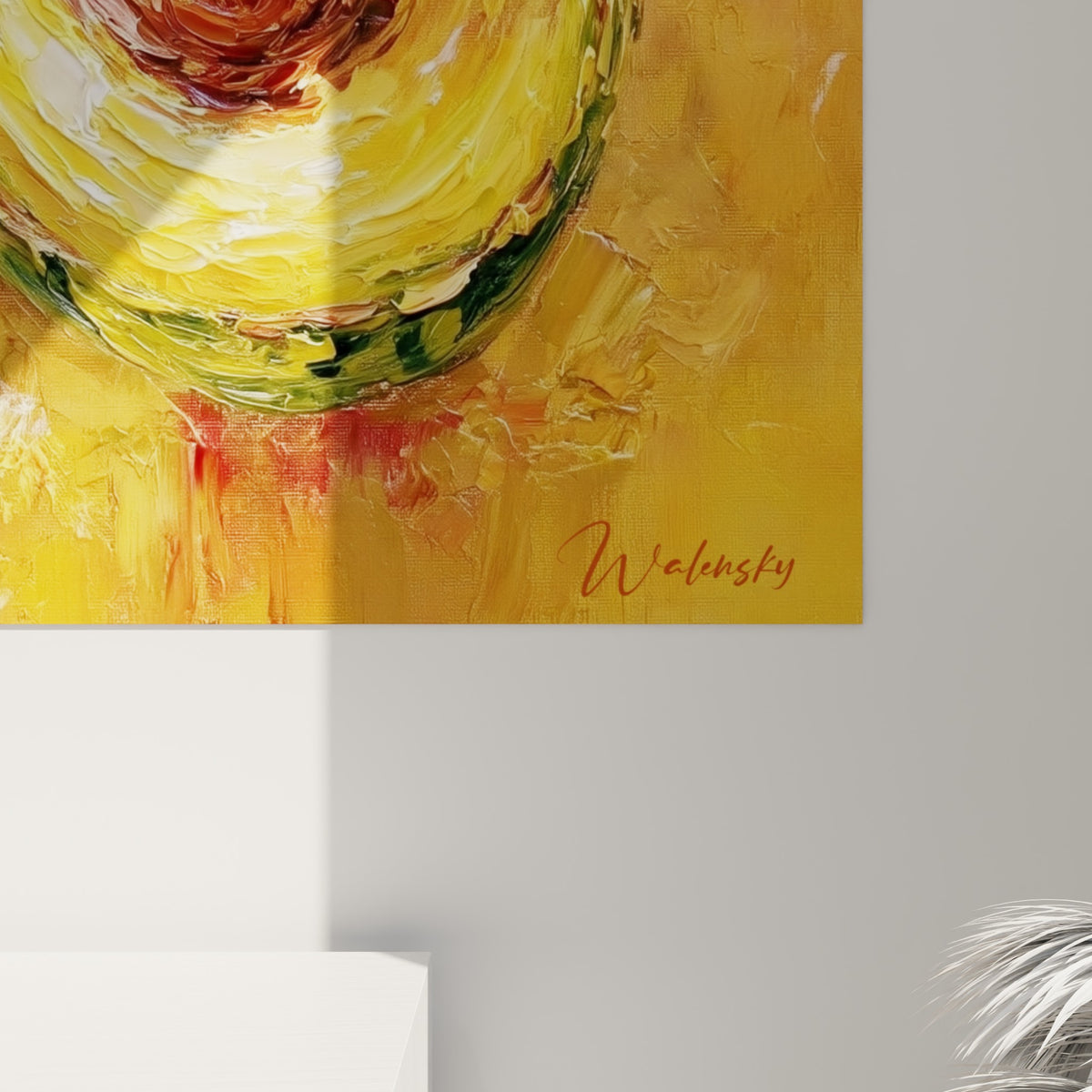 Empâtements épais de peinture jaune, verte et brune se mêlant sur la chair de l'avocat en gros plan