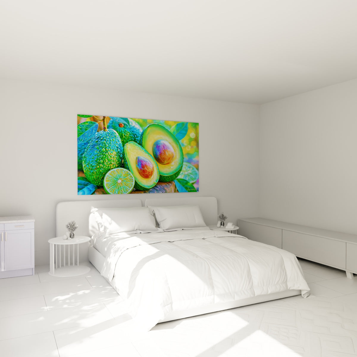 Fruits d'avocat vert et jaune éclatants accrochés au-dessus d'un lit dans une chambre claire