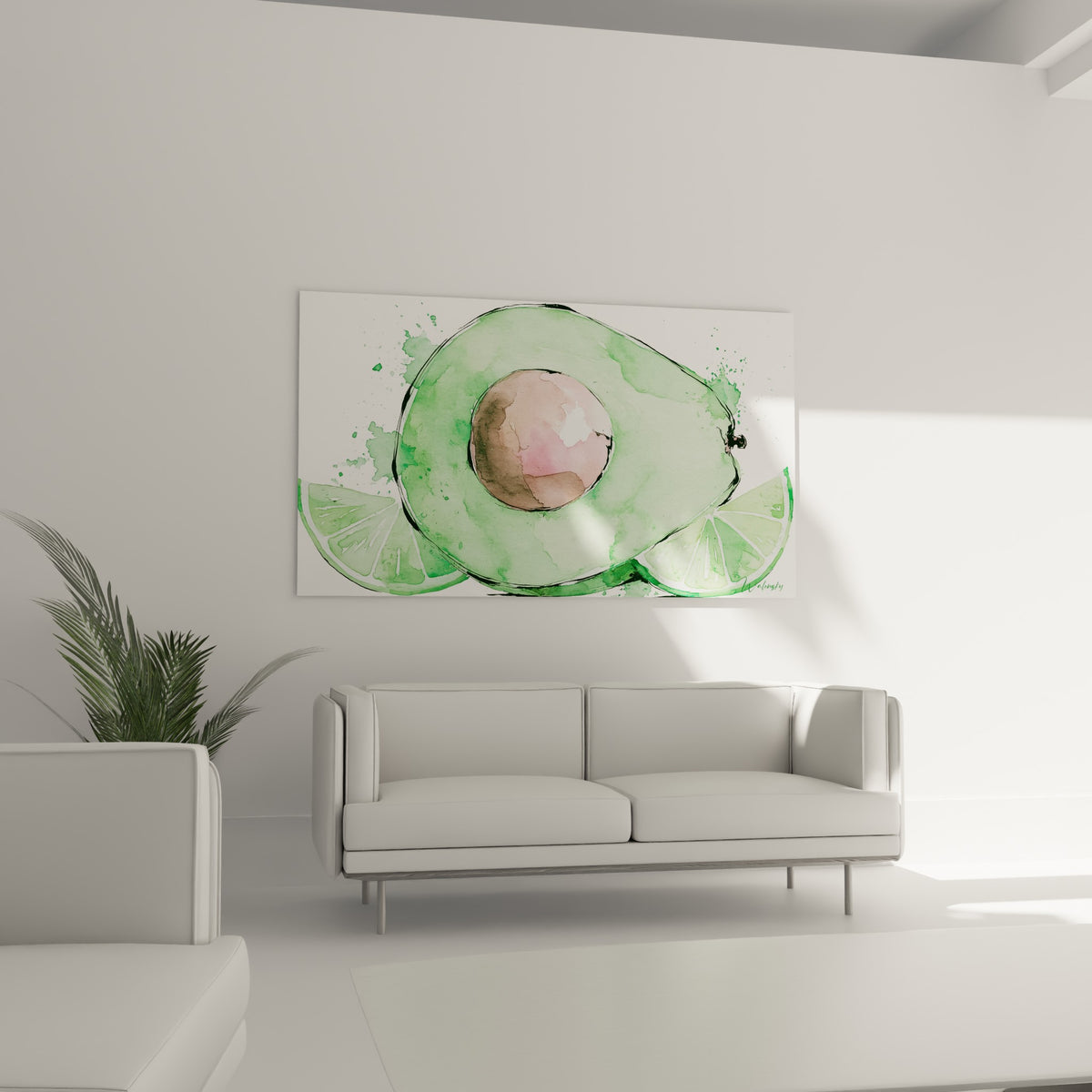 Composition d'avocat vert et citron vert en aquarelle, suspendue au-dessus d'un canapé dans un salon lumineux