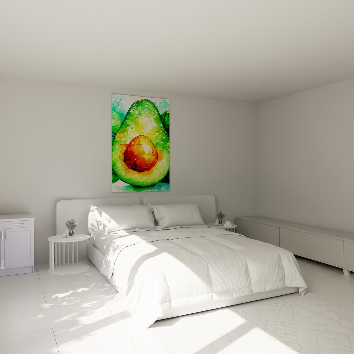 Fruit tranché vert émeraude et noyau orange vif au-dessus d'un lit dans une chambre claire