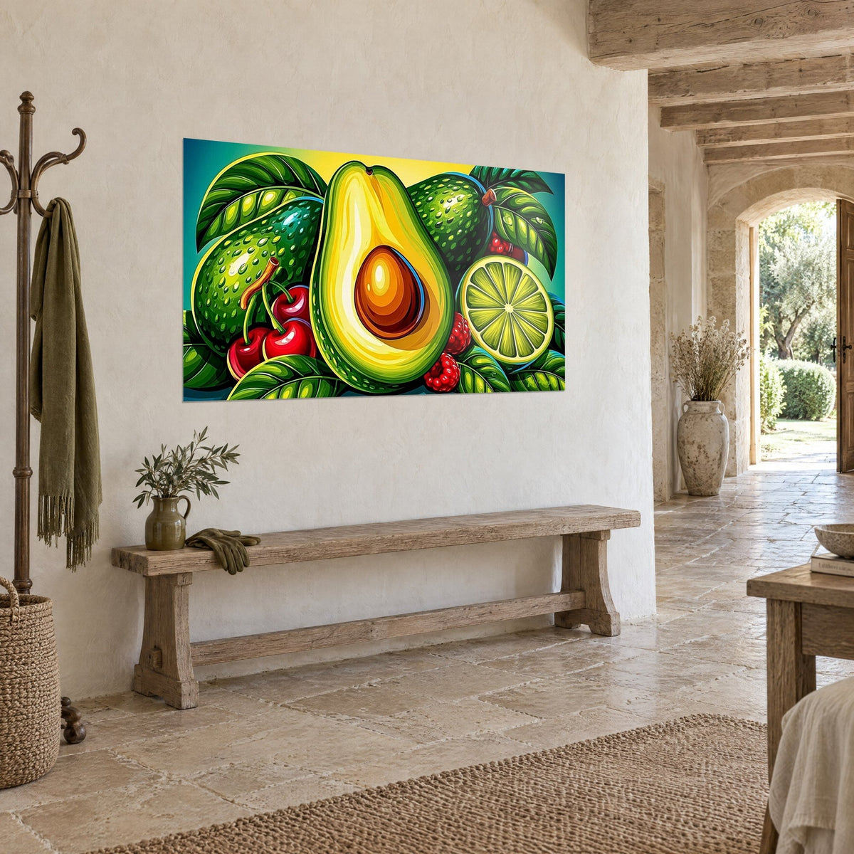 Avocat jaune et vert entouré de fruits rouges, au-dessus d'un canapé dans un salon lumineux