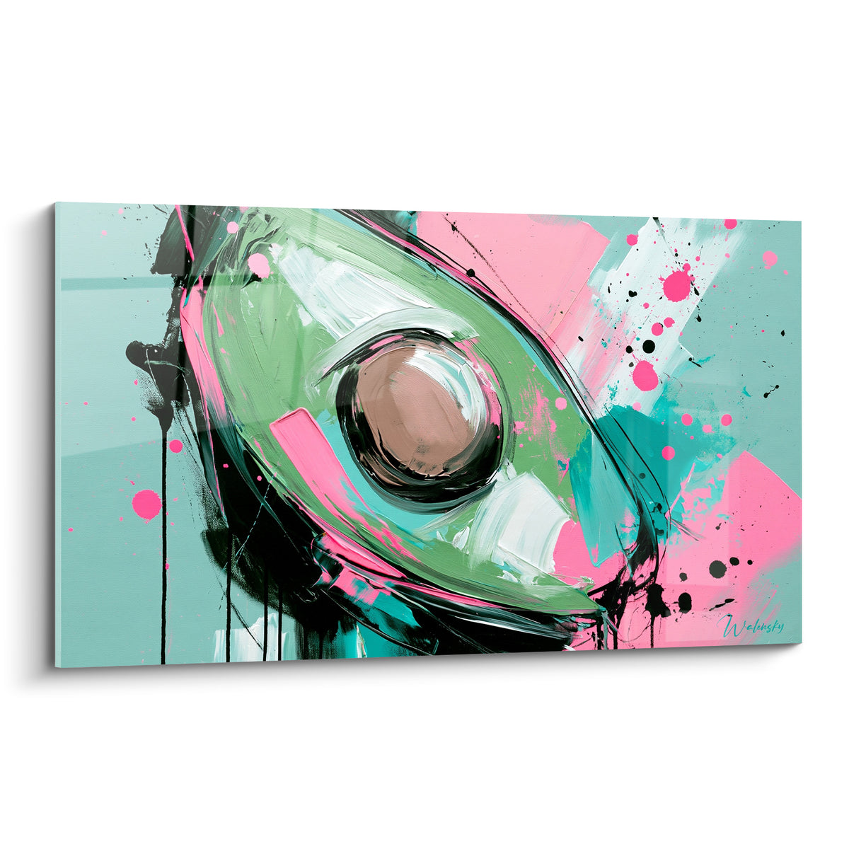 Avocat abstrait vert menthe et rose fuchsia, coupe éclaboussée d'encre noire sur fond turquoise