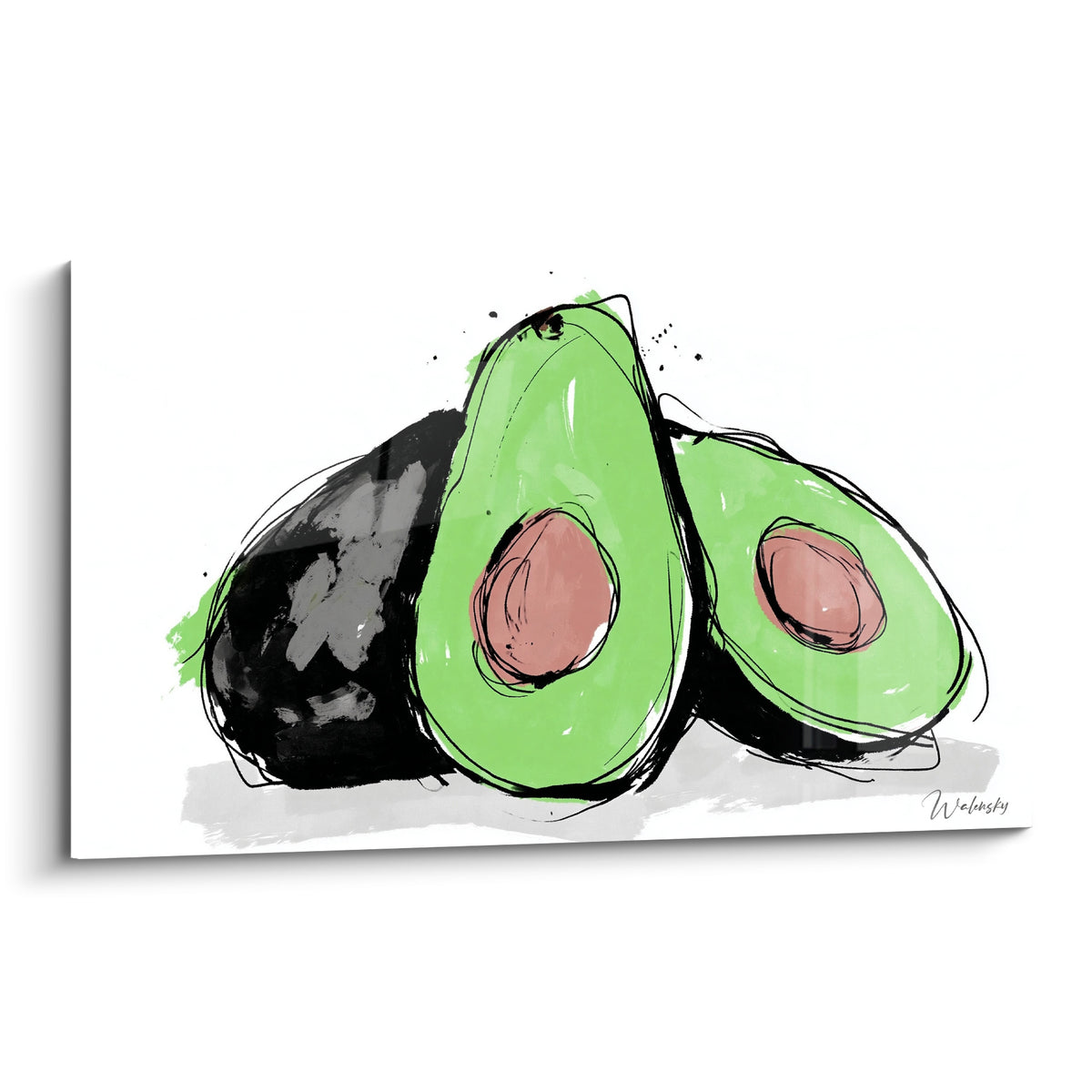 Avocat coupé vert tendre au noyau terracotta, trait noir esquissé sur fond blanc