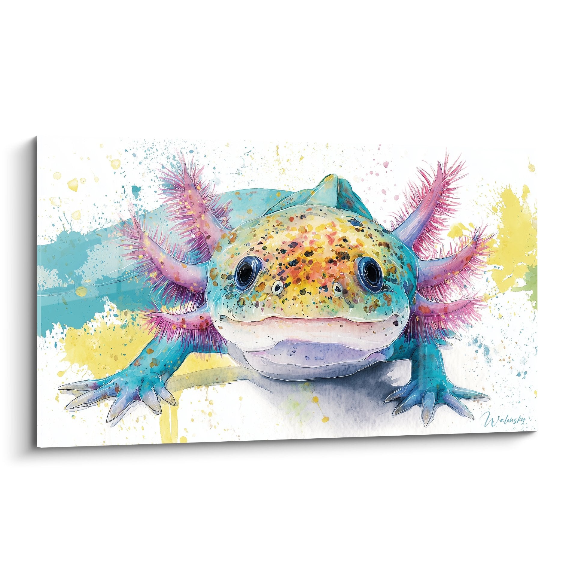 Tableau axolotl aquarelle turquoise et rose aux branchies violettes sur fond d'éclaboussures colorées