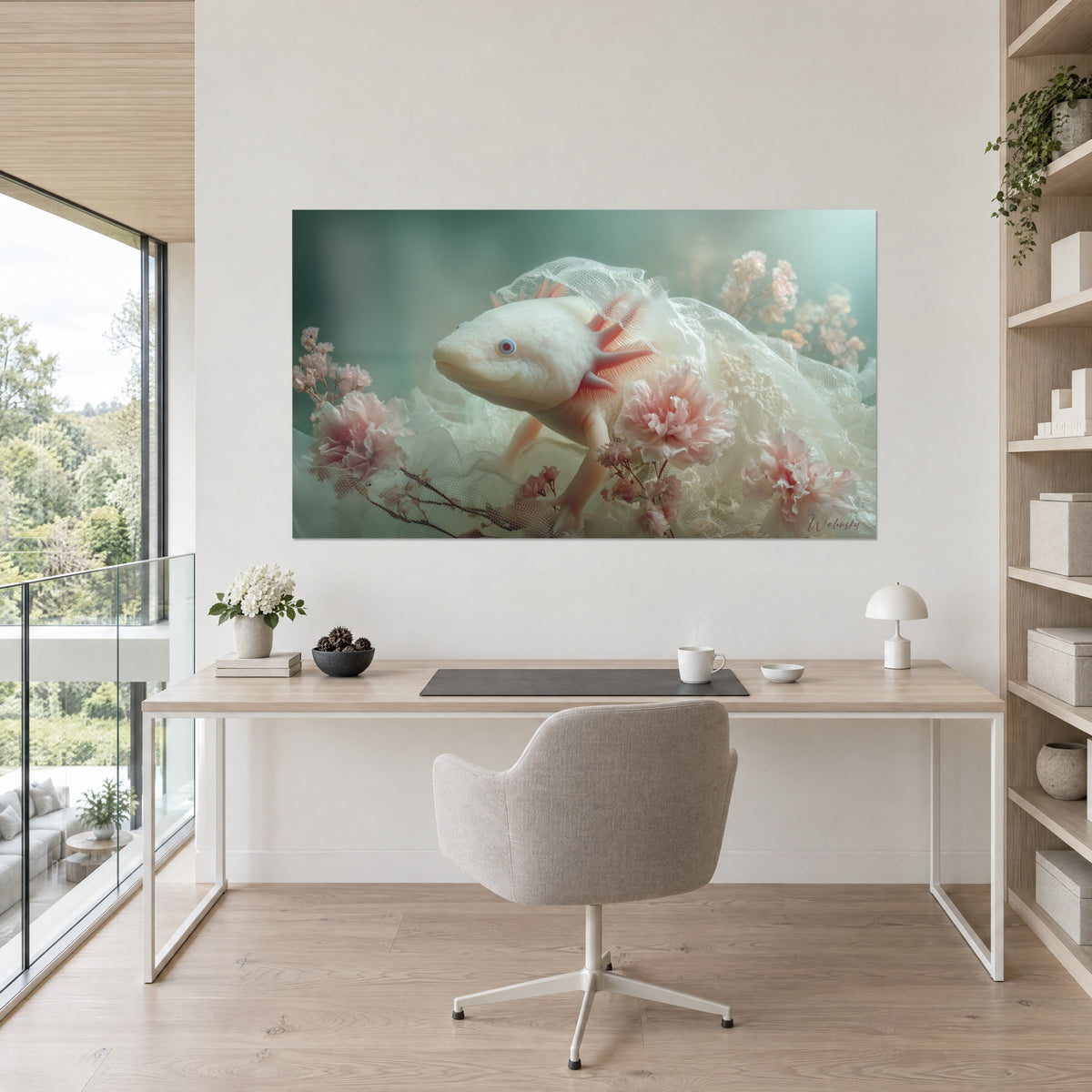 Πίνακας axolotl με βράγχια σε χρώμα σμέουρου, λευκοκίτρινο τούλι και απαλές ροζ παιώνιες, φόντο χρώματος σελαδόν, απέναντι από γραφείο από ανοιχτόχρωμο ξύλο