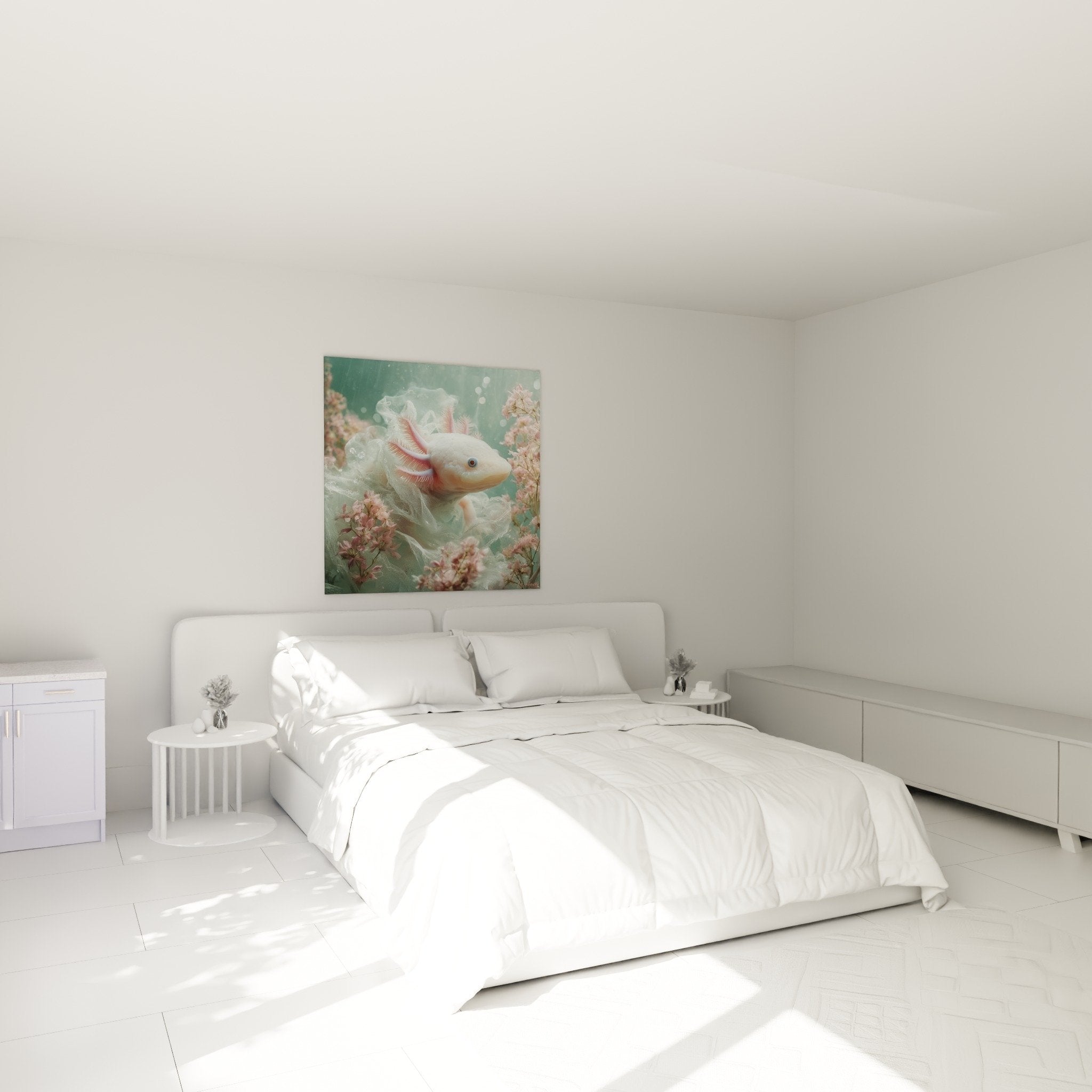 Tableau axolotl blanc rose chambre décoration murale ambiance douce féerique