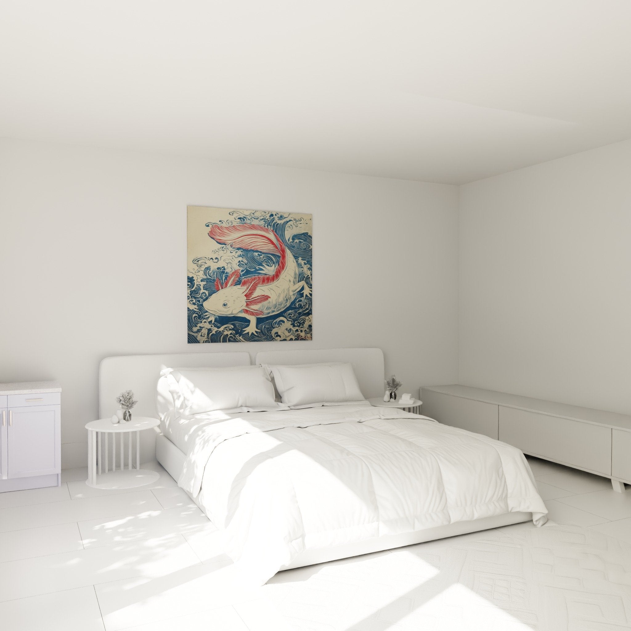 Tableau axolotl rouge et blanc vagues bleues accroché au-dessus lit chambre moderne décoration murale