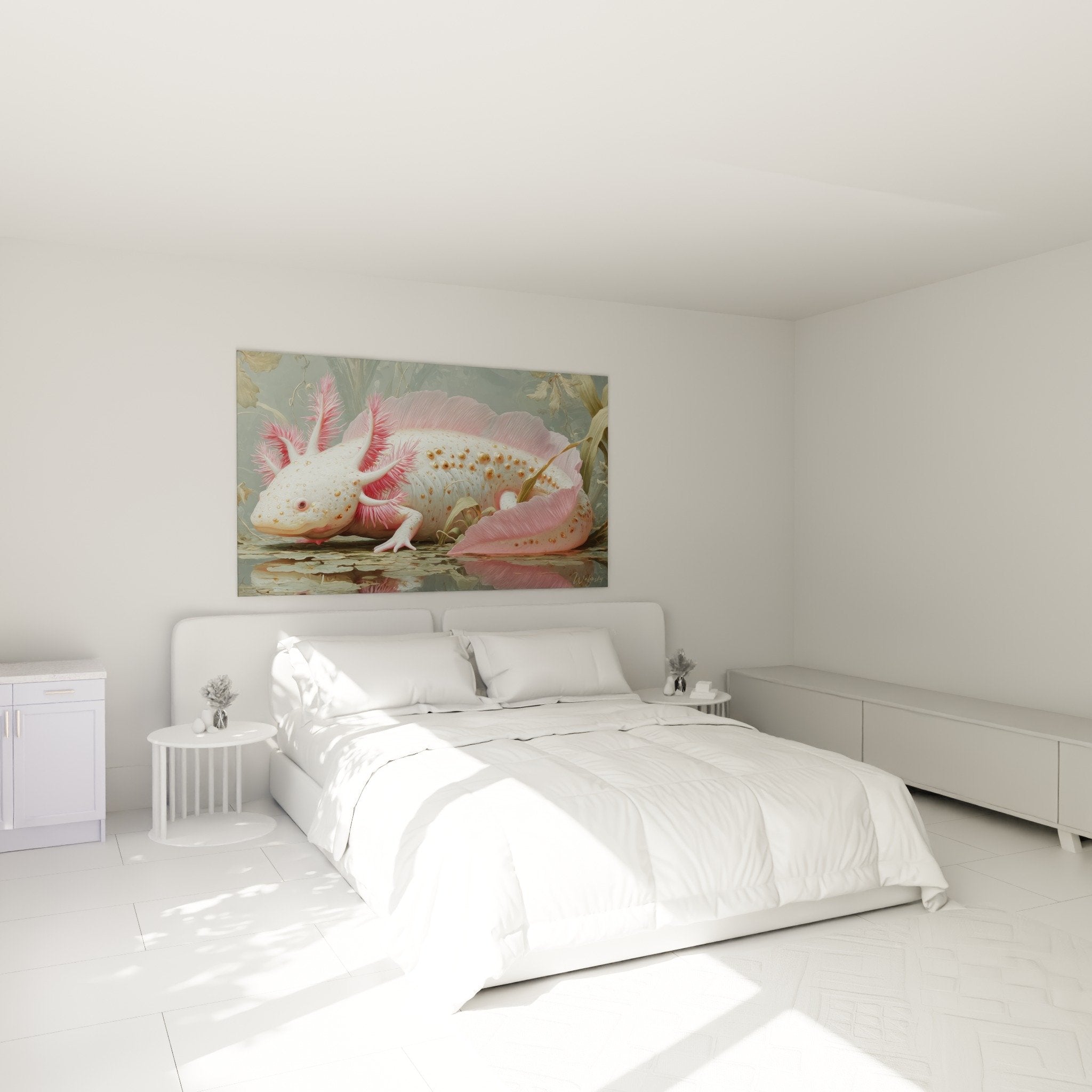 Tableau axolotl blanc et rose dans chambre decoration murale apaisante tons doux