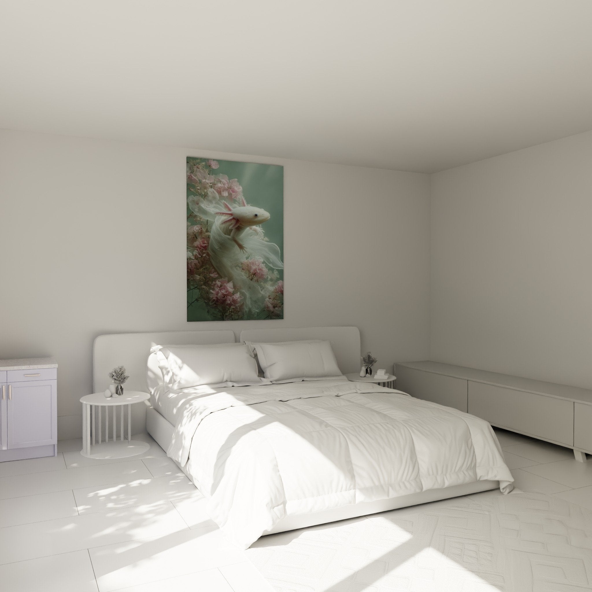 Tableau axolotl fleuri pastel accroche dans chambre aux tons doux et lumineux