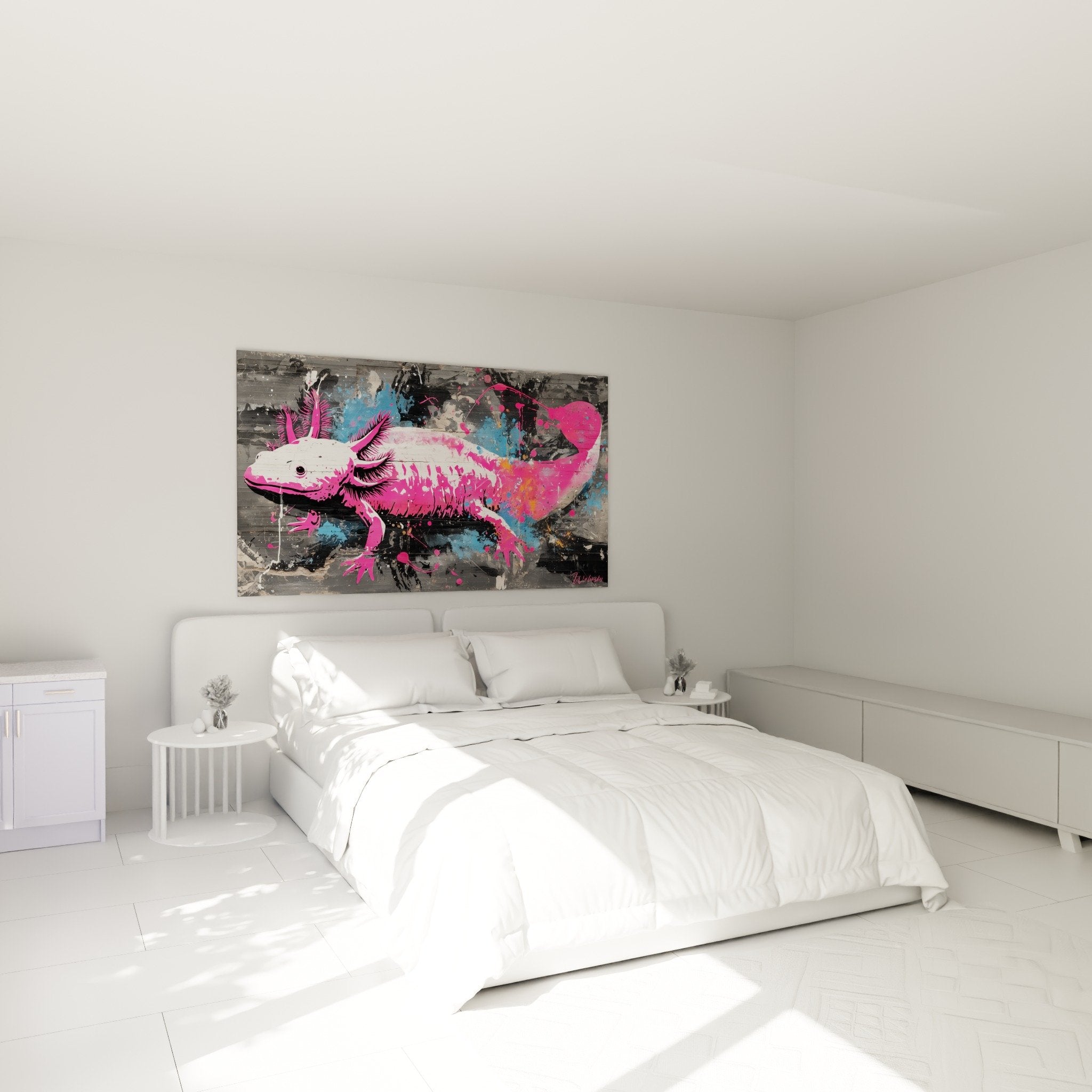 Tableau axolotl art urbain rose et bleu accroche au mur d'une chambre moderne decoration contemporaine