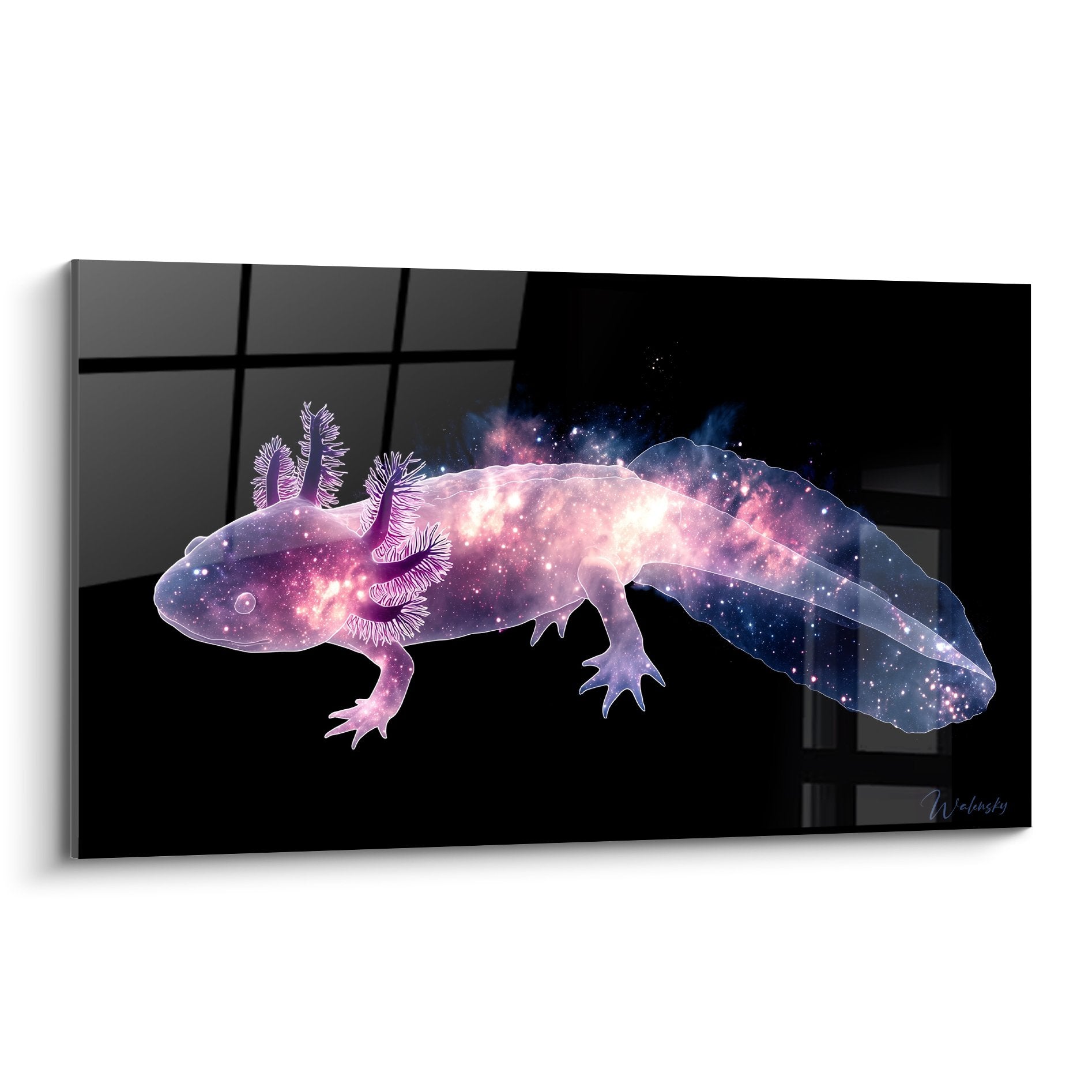 Tableau axolotl cosmique aux teintes roses et bleues avec branchies violettes et motifs stellaires sur fond noir